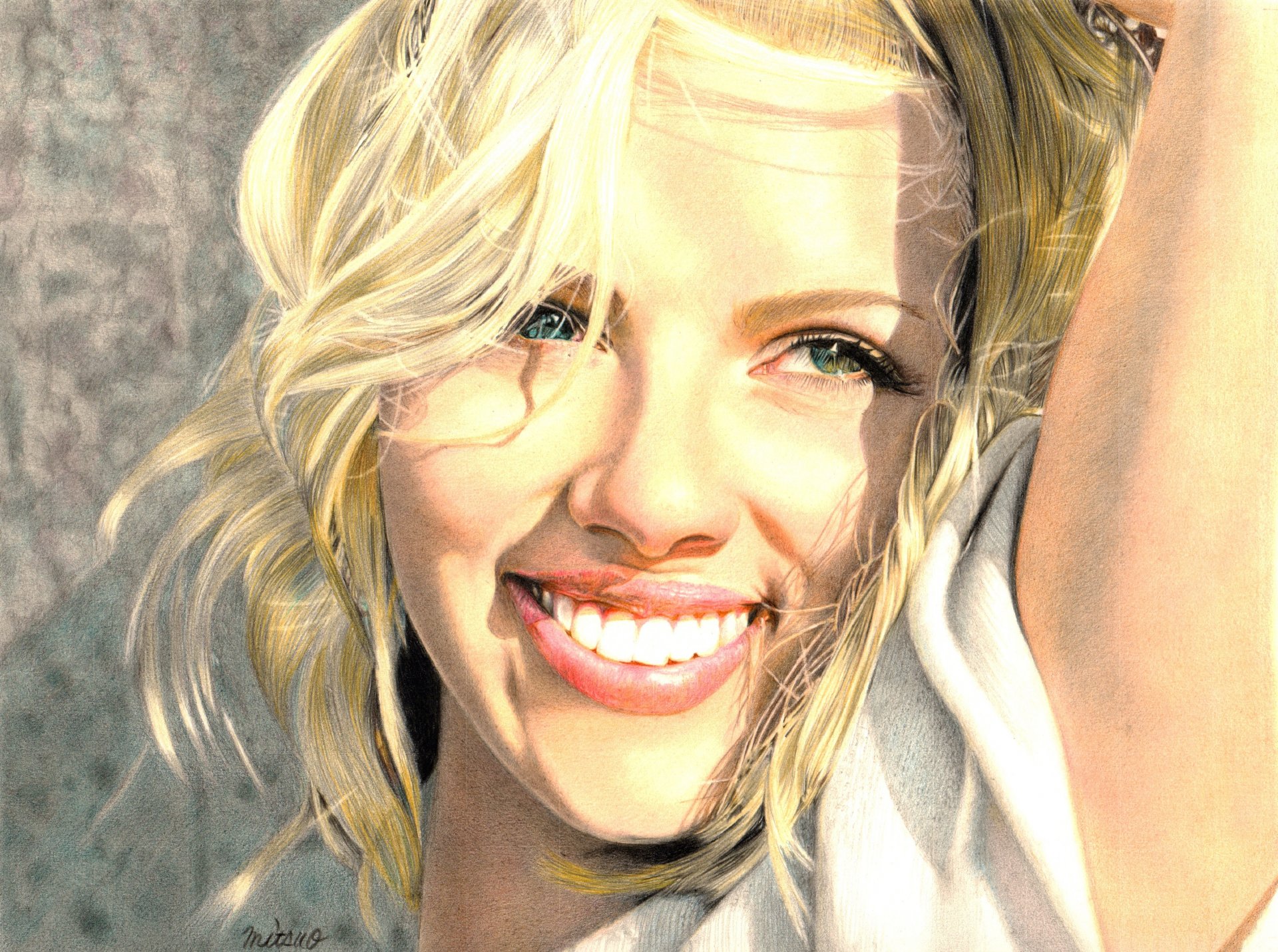 carlett johansson painting actress smile blonde green eye