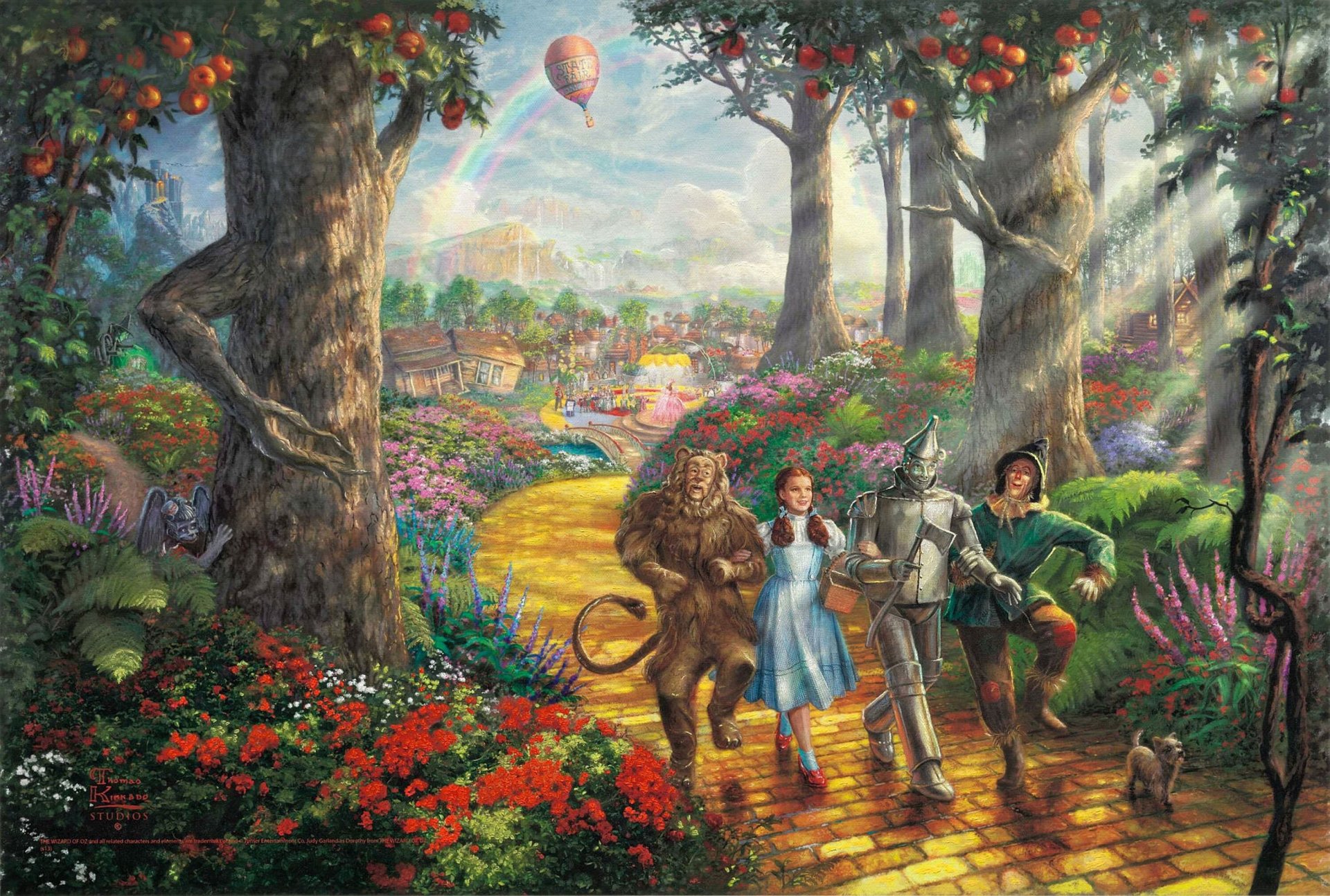 folgen sie der gelben ziegelstraße der zauberer von oz thomas kincaid thomas kincaid studios walt disney malerei film fantasy ballon blumenbeete straße gelber ziegelstein bäume früchte wald animiert cartoon perser