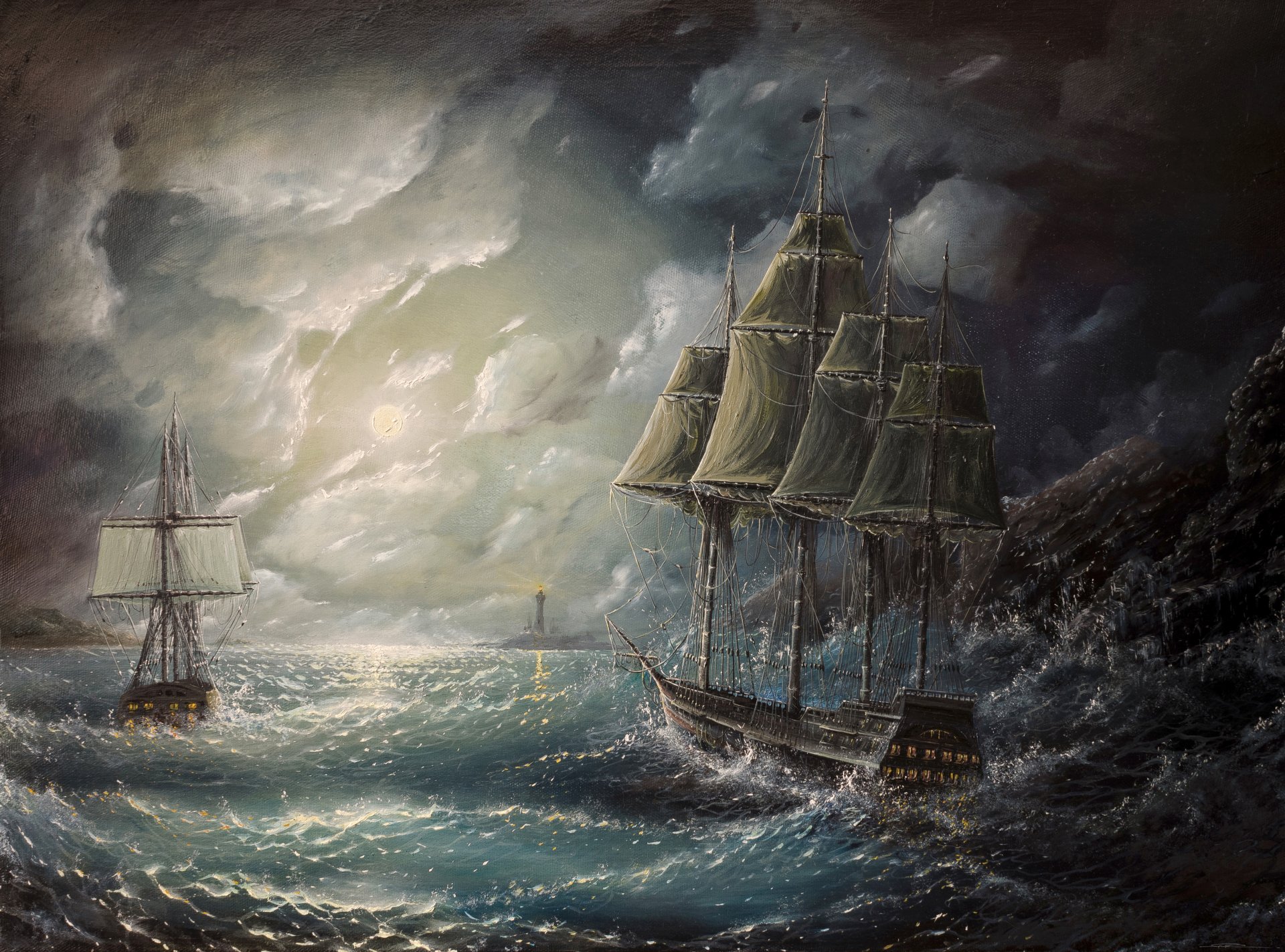 pintura barcos velas océano olas tormenta faro cielo nubes