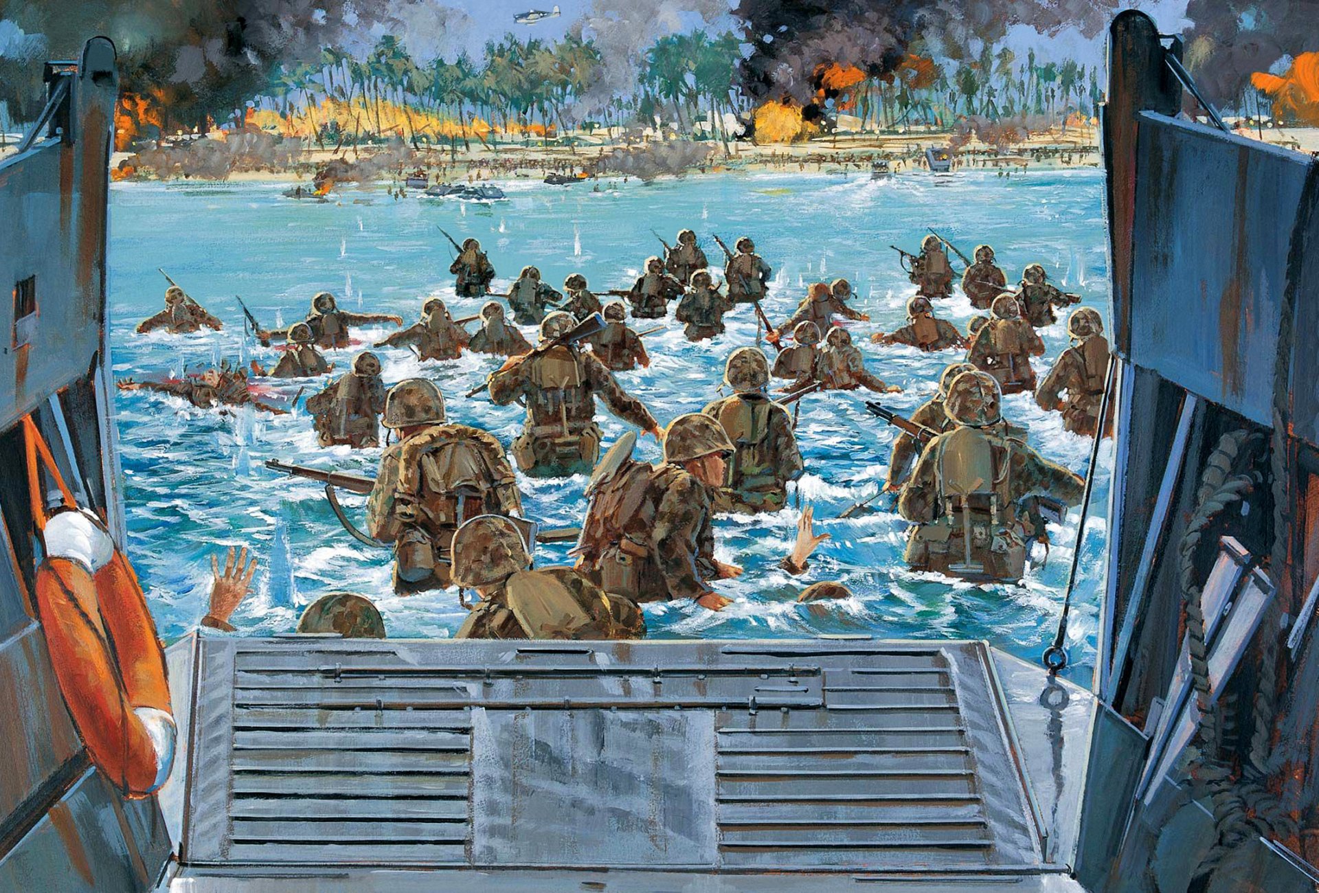 arte soldados batalla tarawa atolón más allá tarawa 1943g. desembarco marina infantes de marina tuvo lugar más sangrienta batalla pacífico teatro militar acción resultado victoria sobre japonés tropas estados unidos ww2 artista howard gerrard