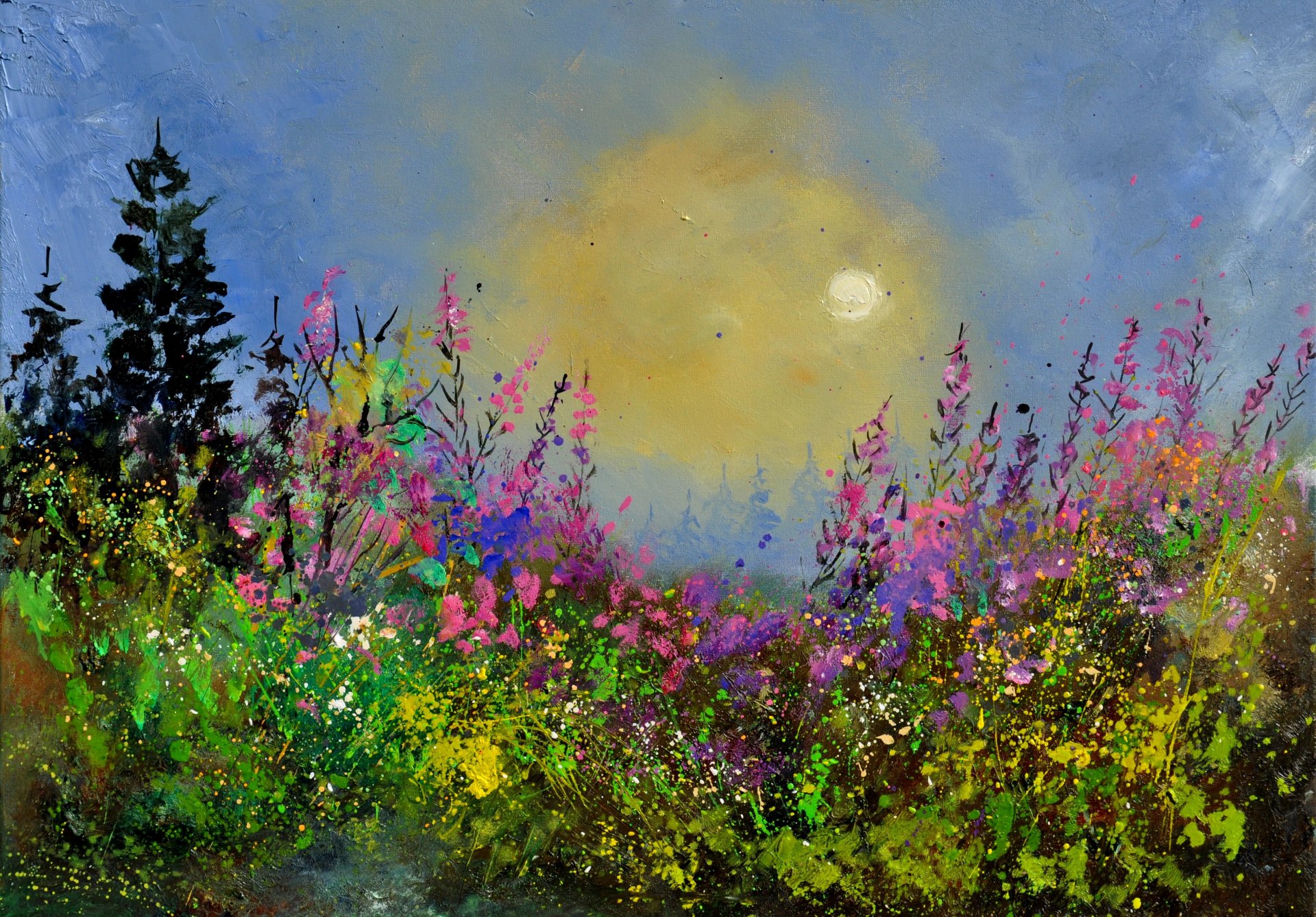 malarstwo krajobraz natura kwiaty niebo niebieski słońce