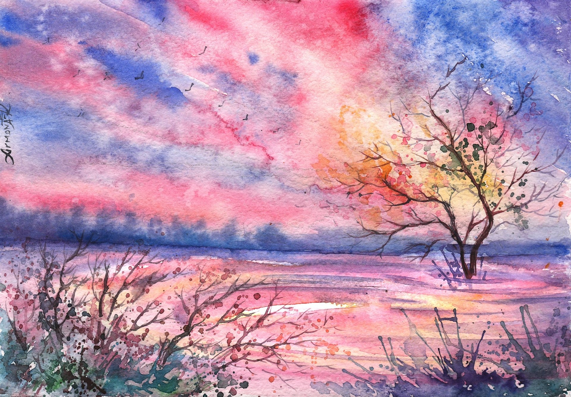 painted landscape watercolor night tree birds cloud