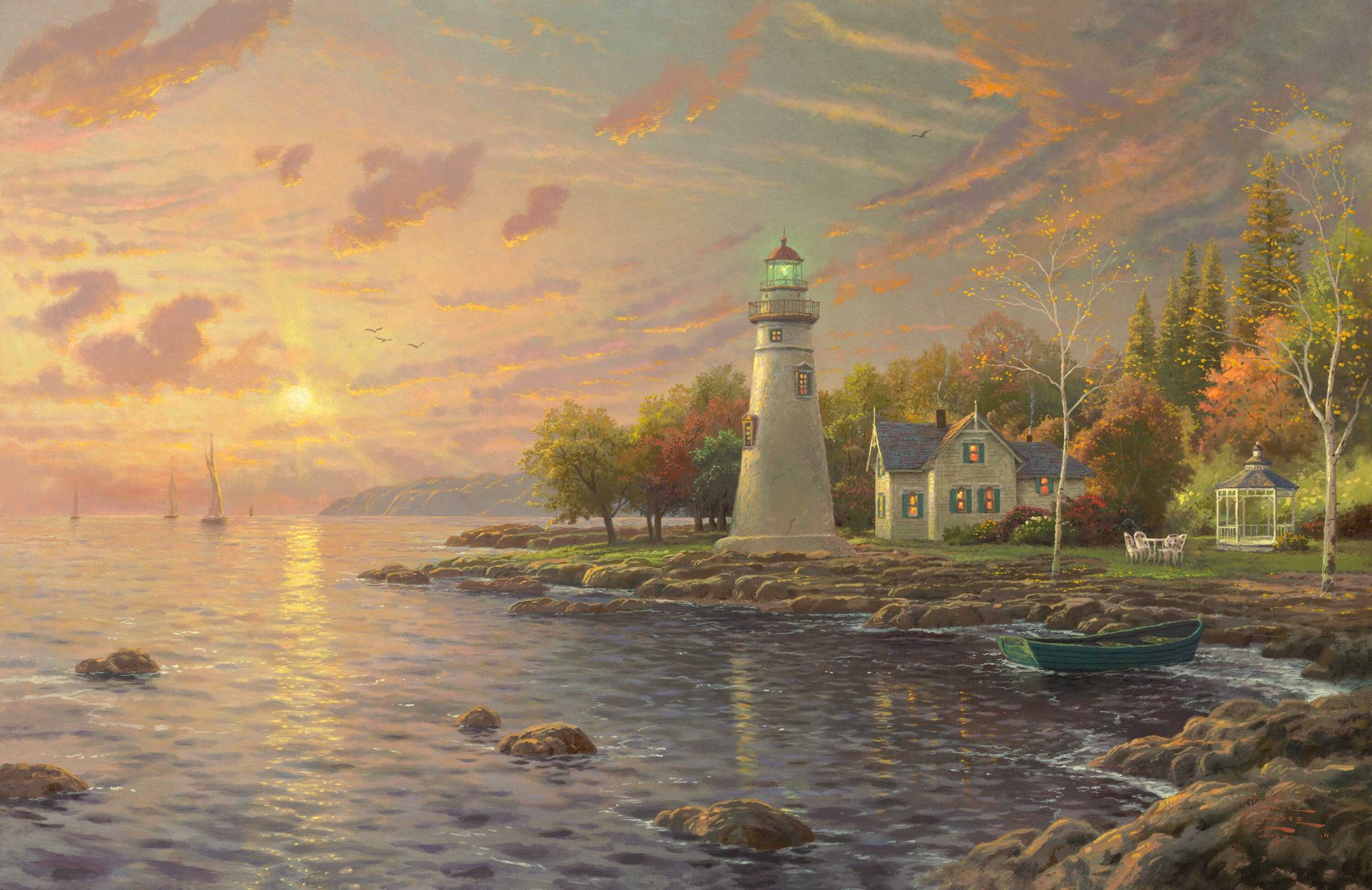 erenity cove thomas kinkade painting marblehead lighthouse lake erie canada usa lake erie lighthouse house garden furniture boat sail autumn night sunset calm