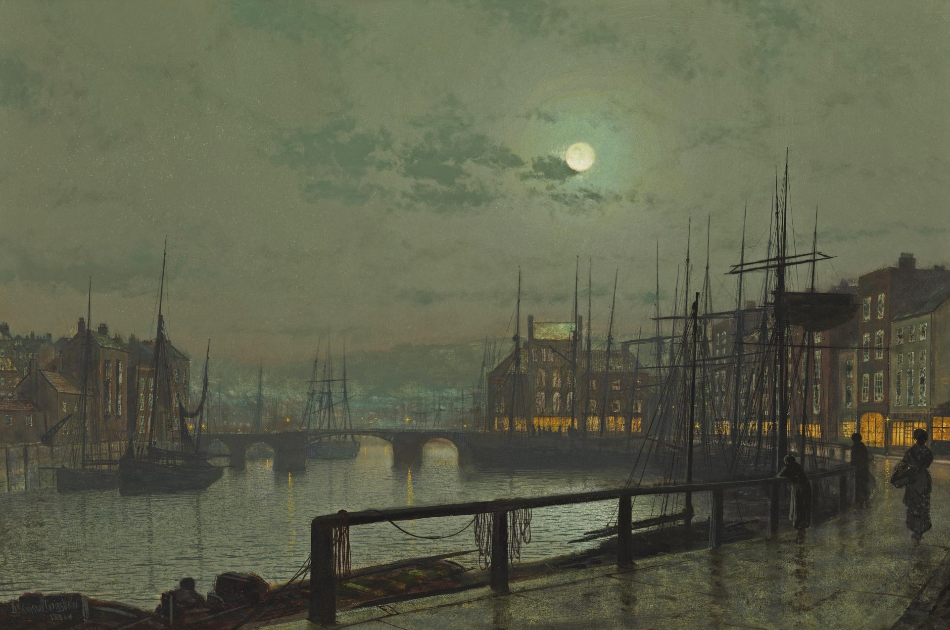 john atkinson whitby lungomare fiume barca nave case persone cielo ponte nuvole immagine luna