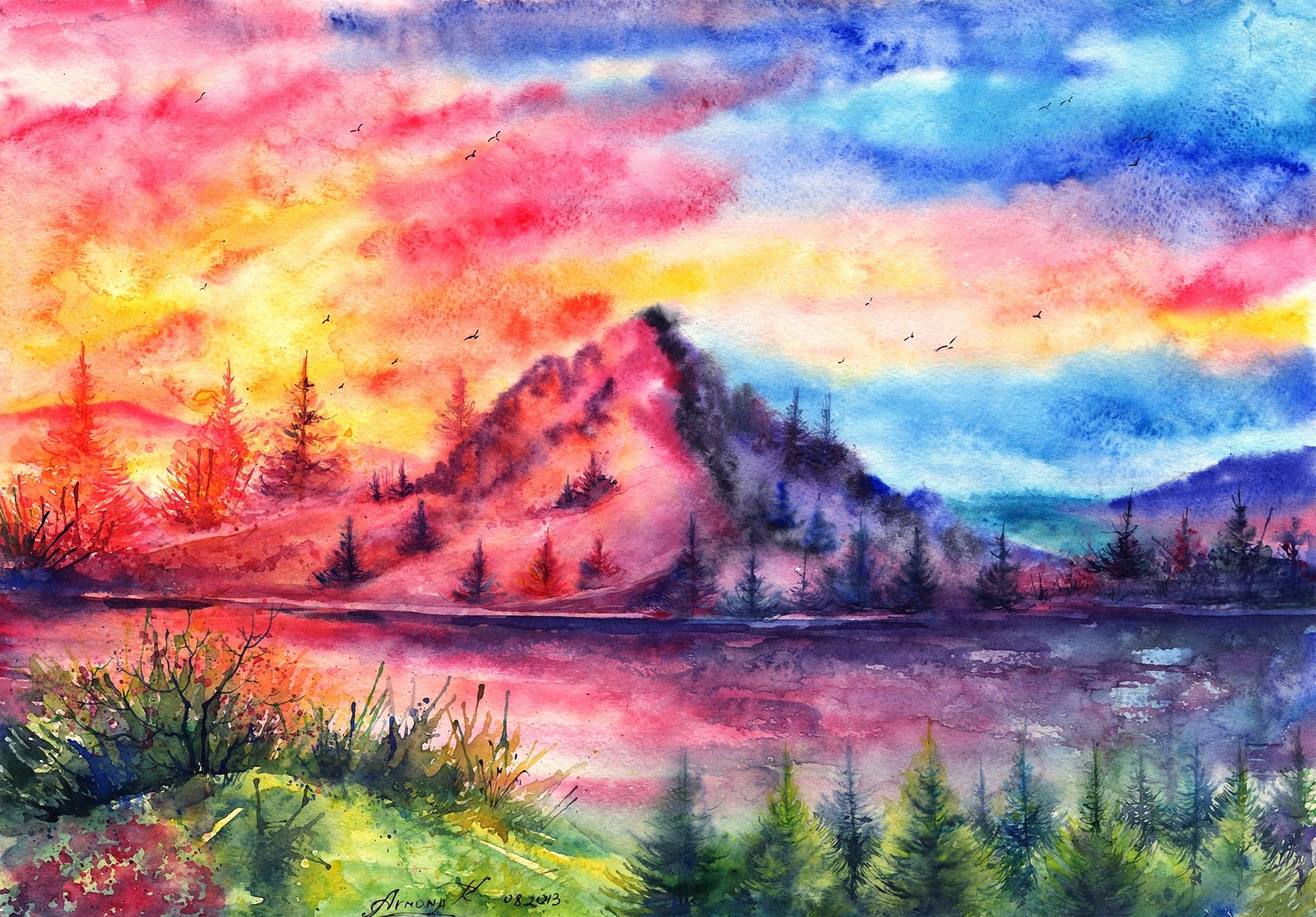 gezeichnete landschaft aquarell berg sonnenuntergang fluss vögel