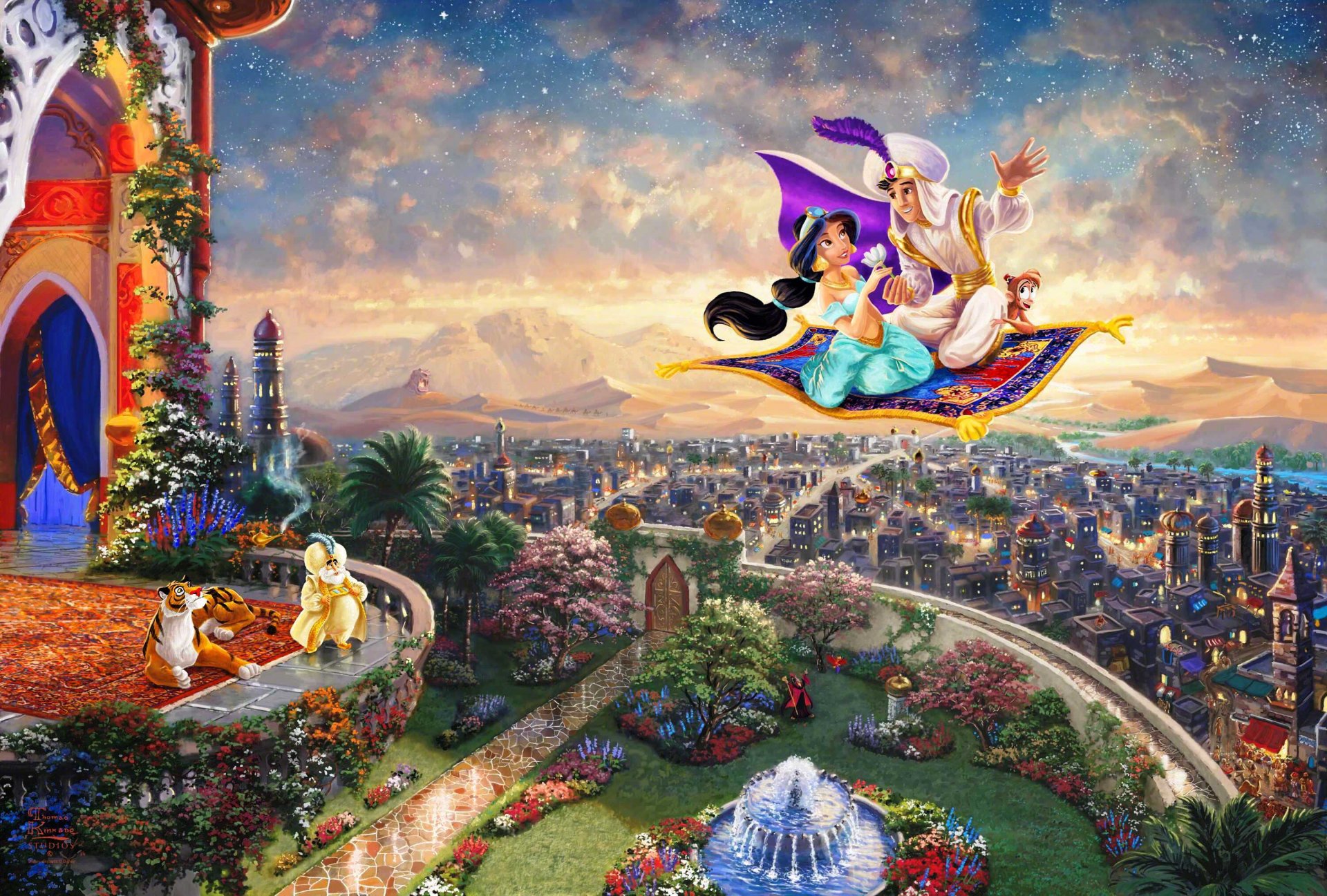 aladdin thomas kincaid studios walt disney thomas kincaid malerei prinzessin jasmin reich stadt palast sultan flugzeugteppich brunnen zauberlampe disney