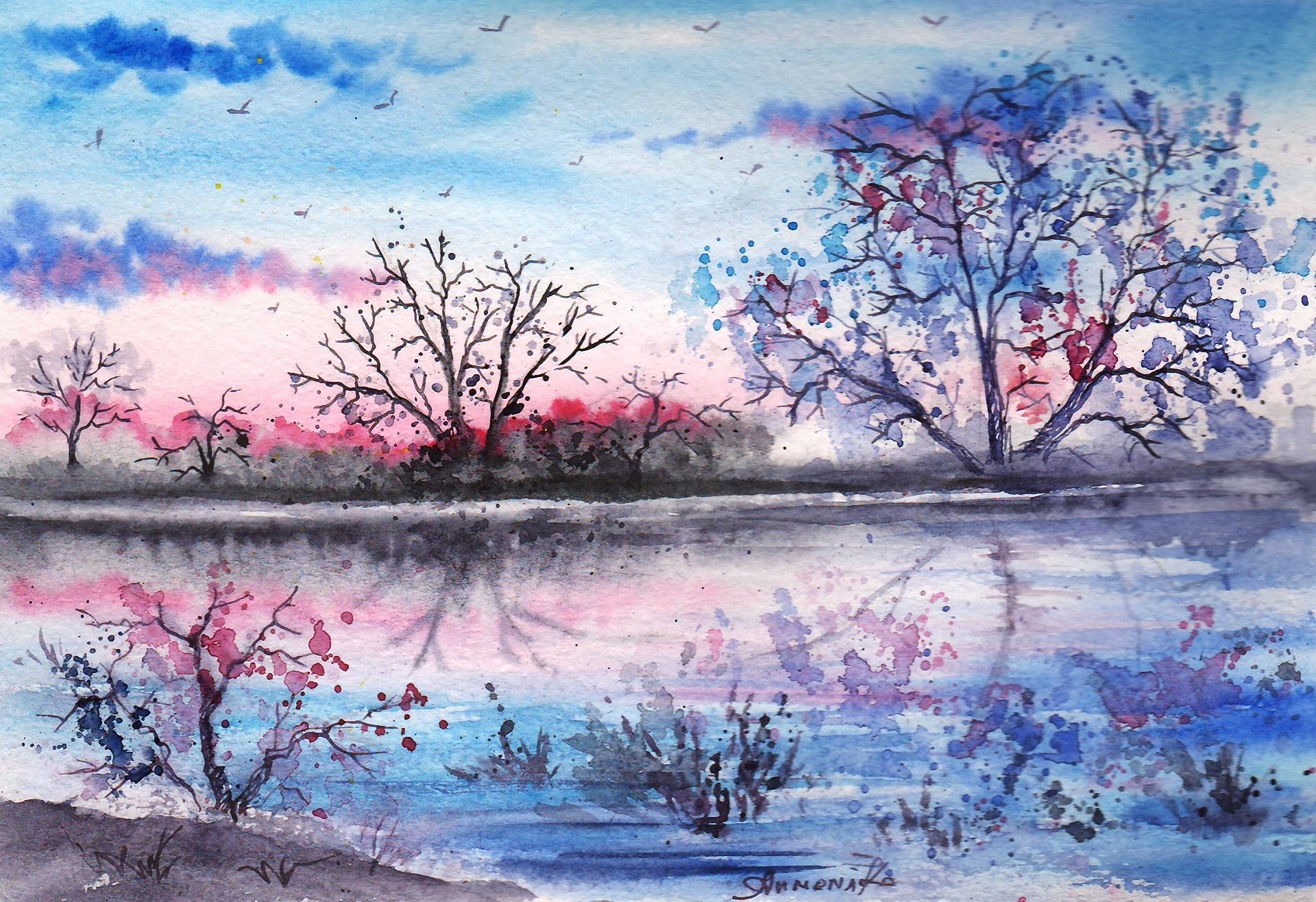 gezeichnete landschaft aquarell abend see reflexion bäume vögel