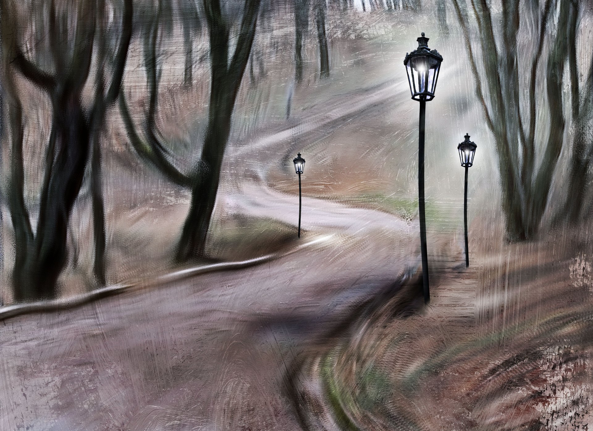 parco passerella alberi lanterne