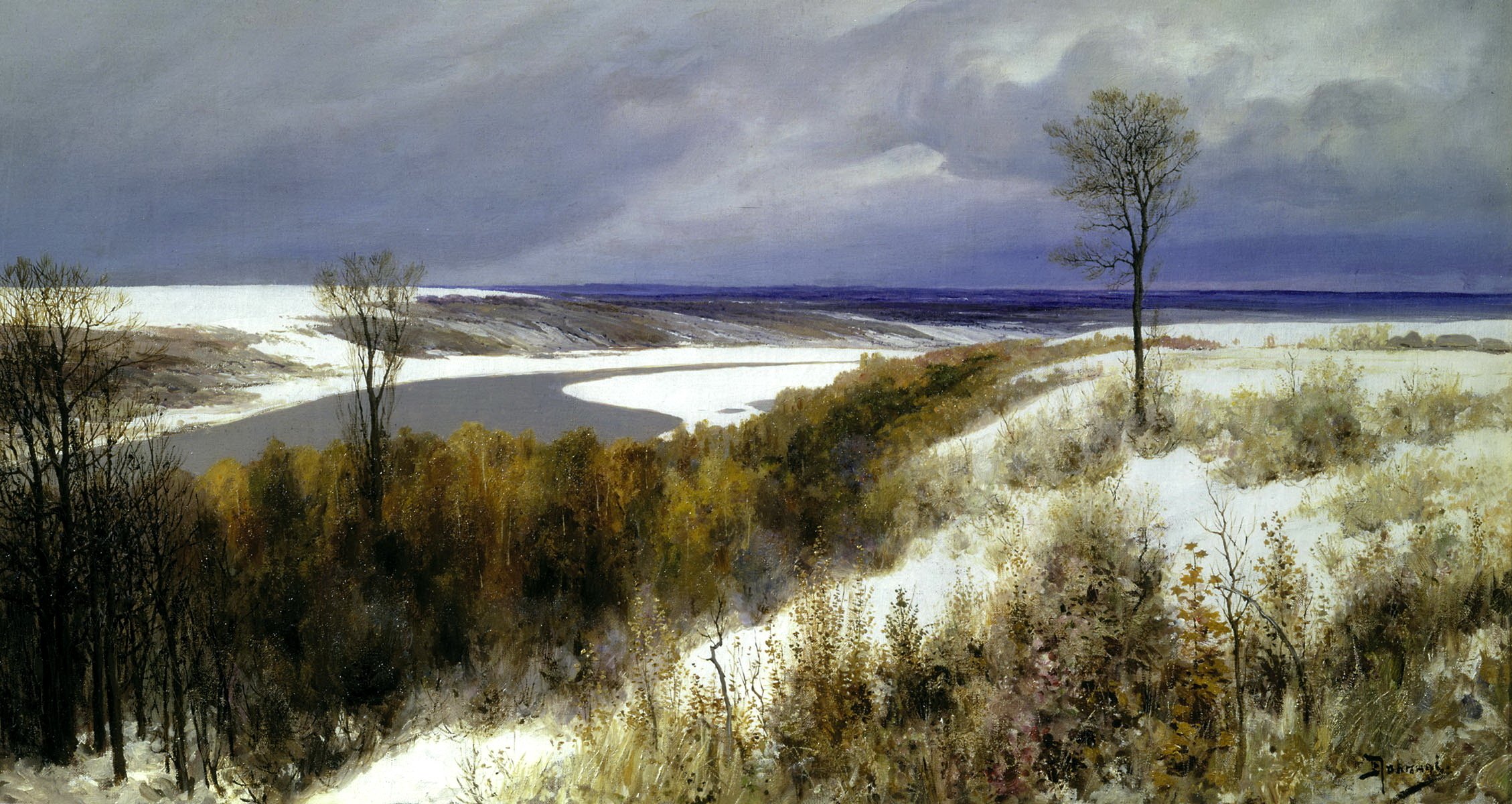 polenov peinture début de la neige fin de l automne rivière nuages ciel humeur