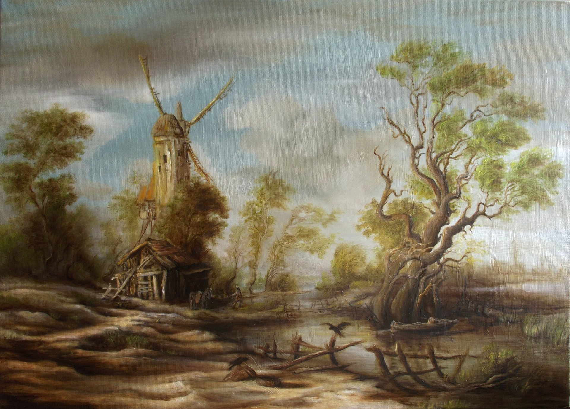 art nature moulin à vent peinture arbre marais lac eau oiseau corbeau cabane maison cabane homme âne animal clôture bateau