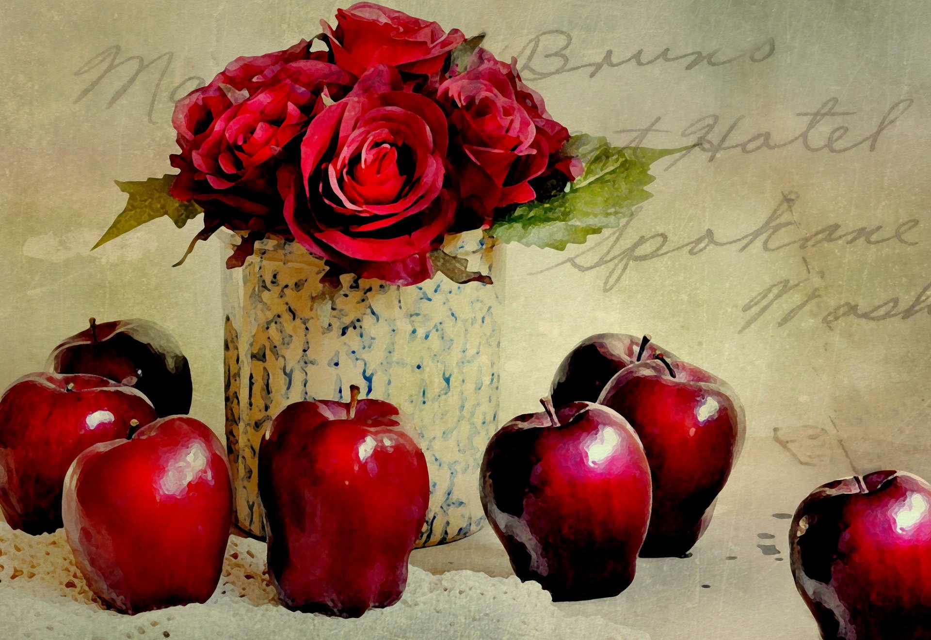 pommes roses fleurs nature morte