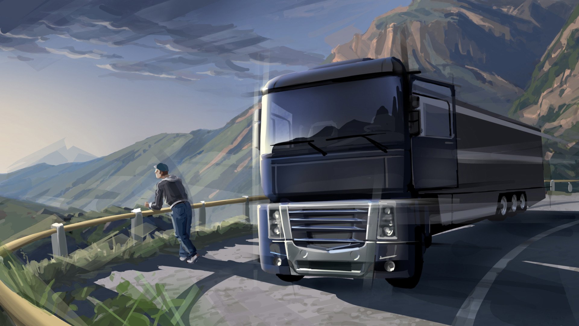 kunst auto malerei fracht euro truck zugmaschine van anhänger lastwagen stopp fahrer trucker erholung kontemplation natur straße markierung berge