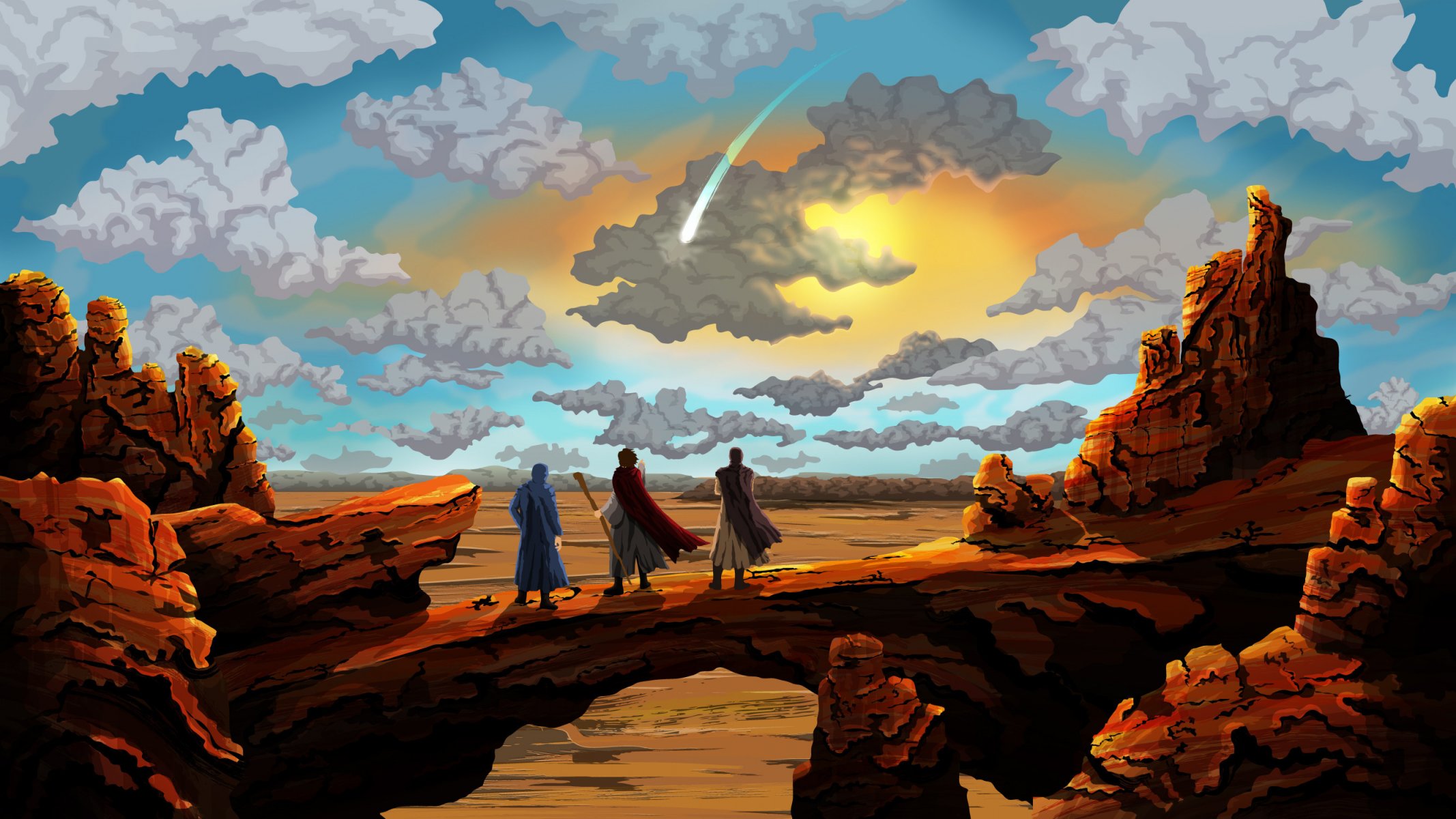 painting desert rock people landscape sky cloud