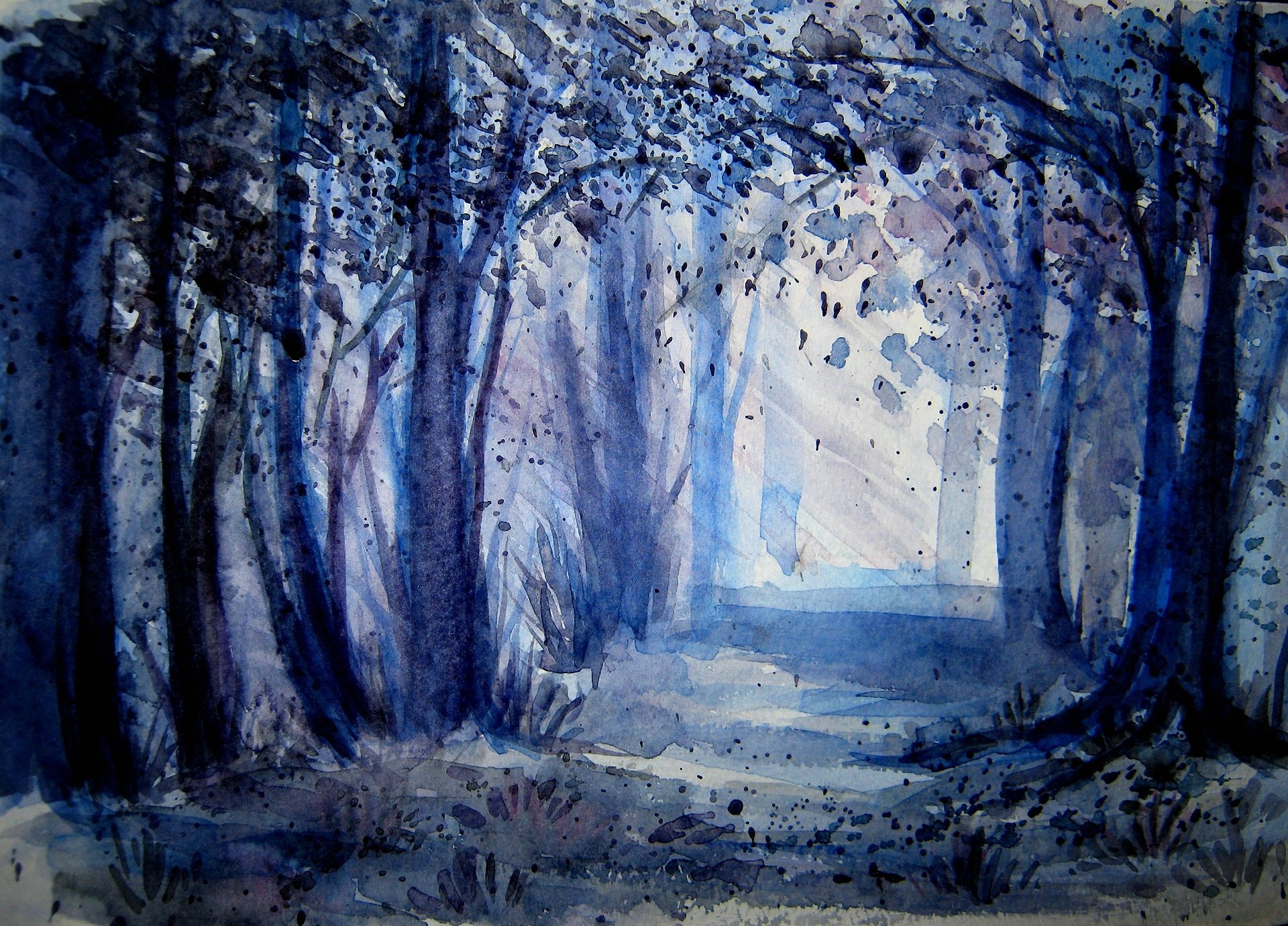 gezeichnete landschaft aquarell wald bäume halbdunkel lumen strahlen