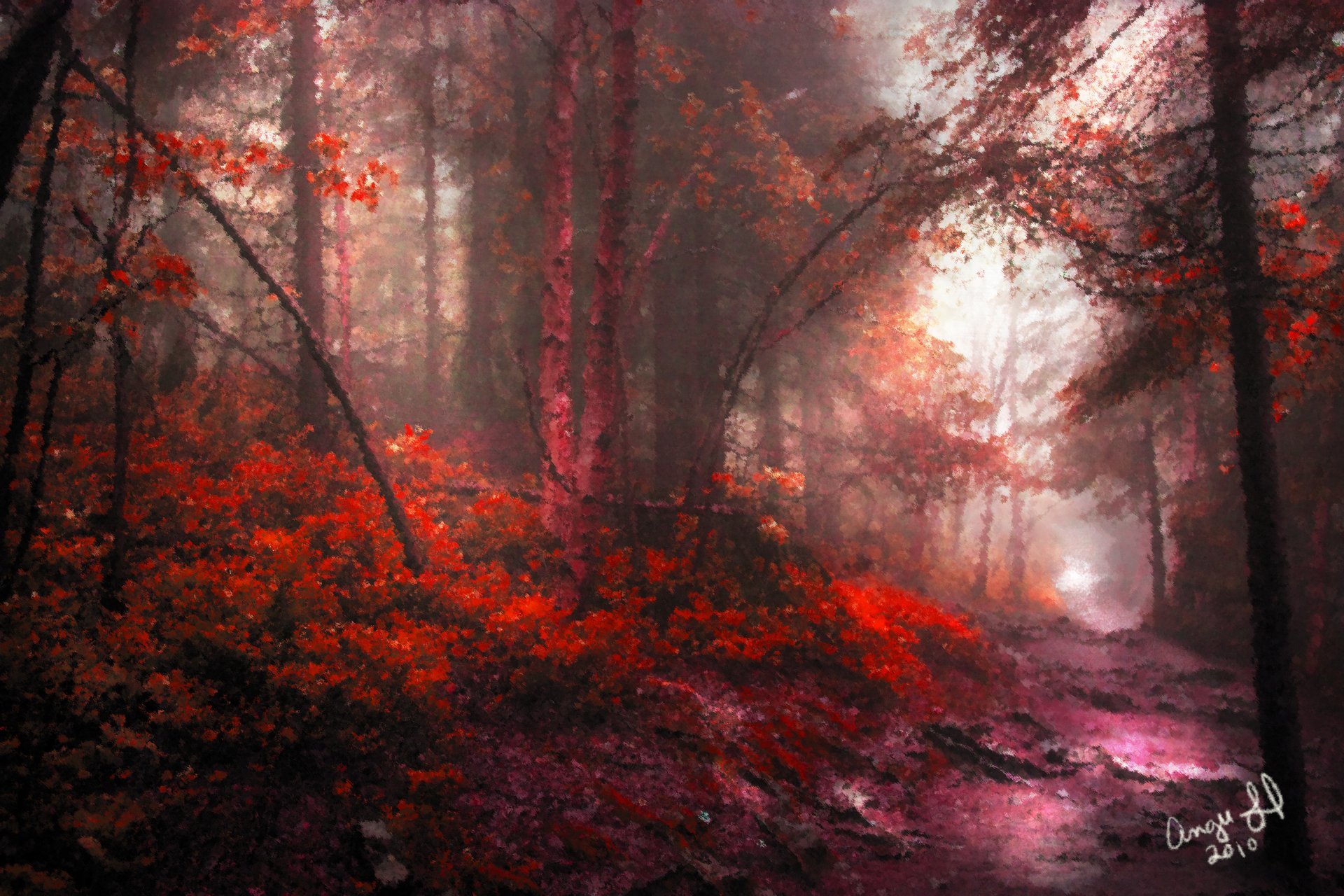 painted landscape forest road foliage autumn