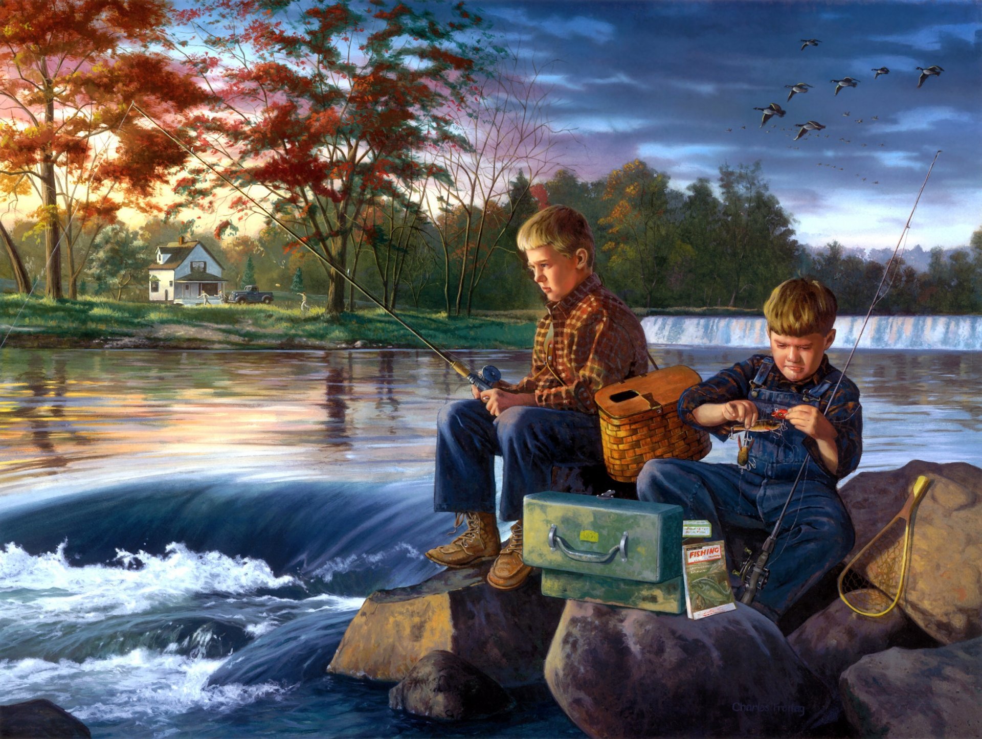 charles freitag amigos de pesca pintura río piedras amigos niños pesca bandada de patos principios de otoño