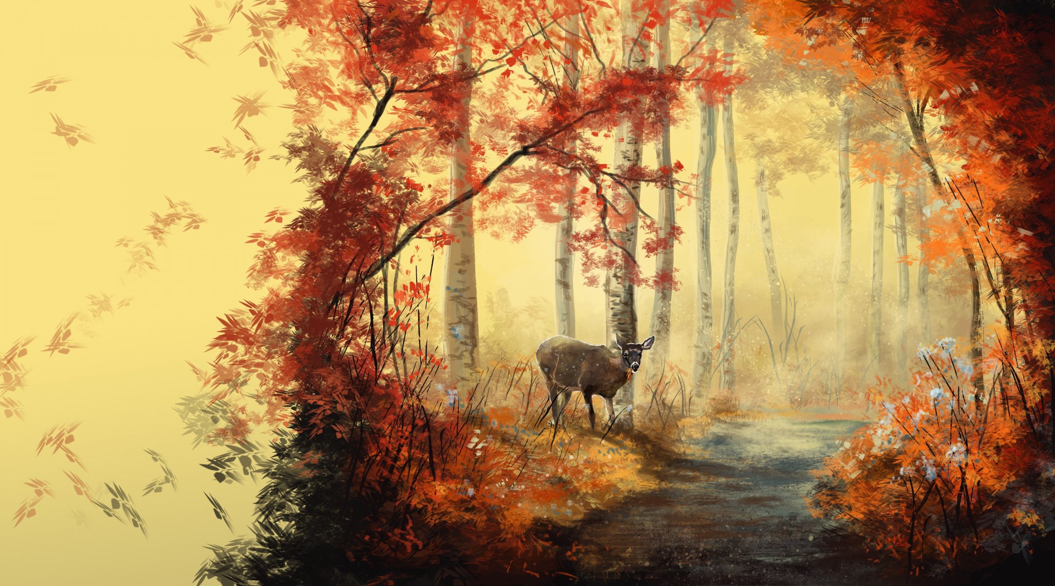 peinture art animal chemin forêt arbres feuilles automne