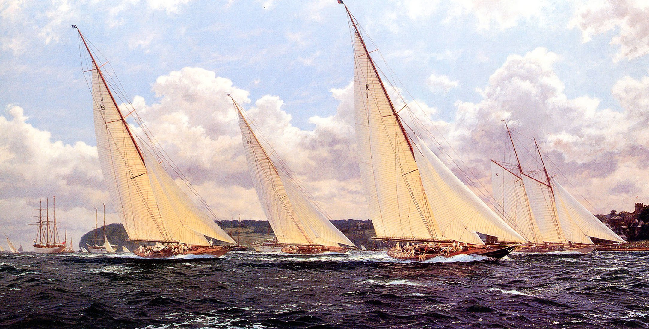 j. steven dews pattern yacht sailboats regatta sea waves sky cloud