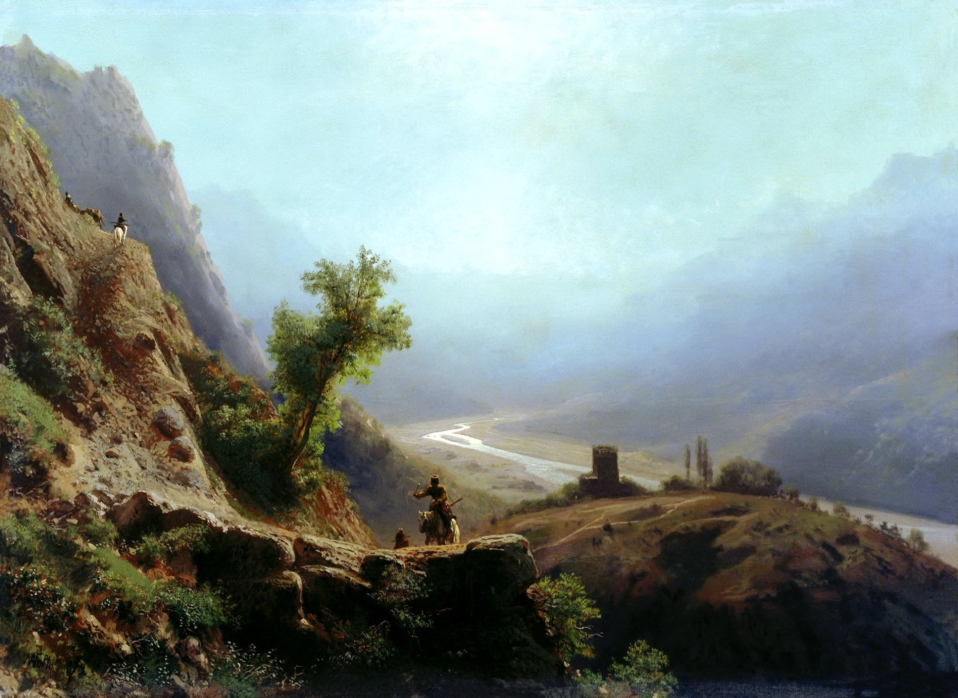 pintura lagorio en las montañas del cáucaso pintura sendero piedras caballo jinete valle río cielo neblina