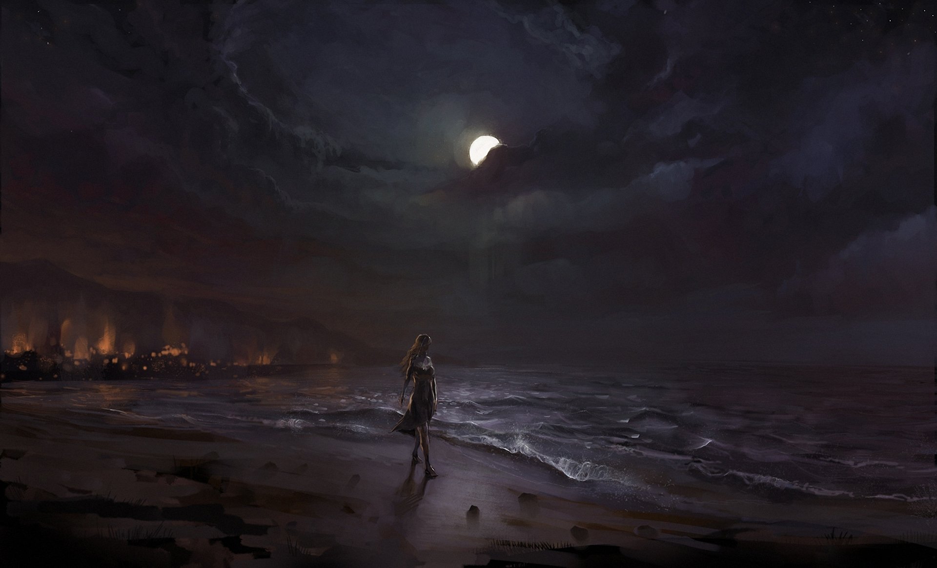 art sea waves night moon girl sand beach walk