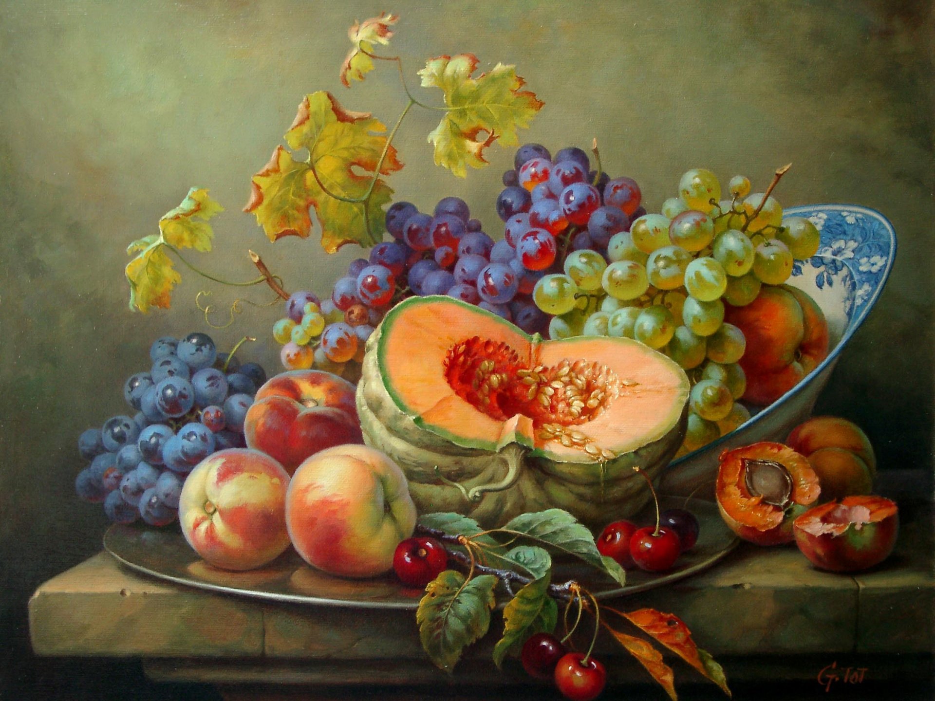 gabor toth pintura naturaleza muerta calabaza melocotones uvas cereza