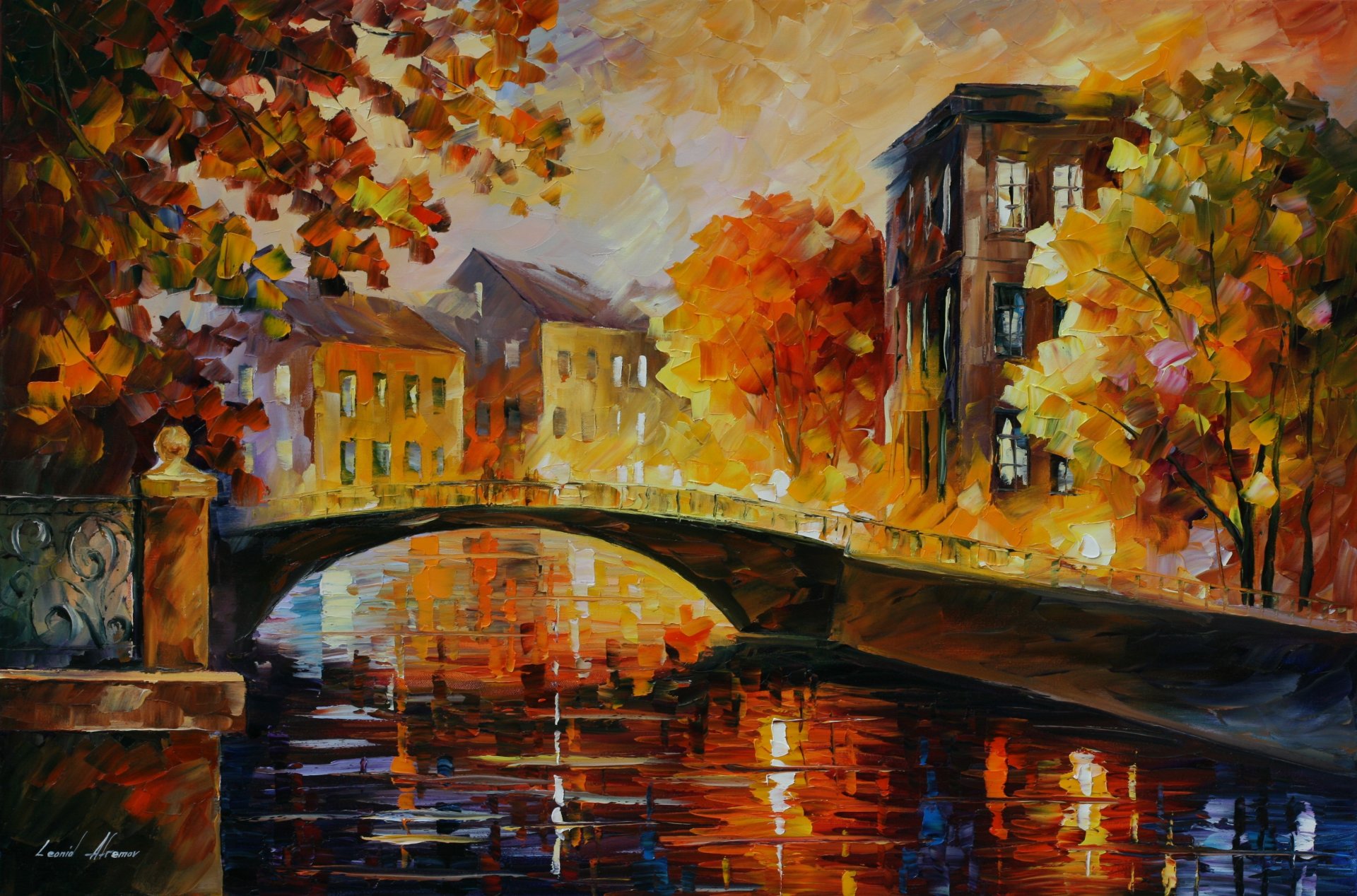 leonid afremov landschaft urban brücke häuser herbst bäume