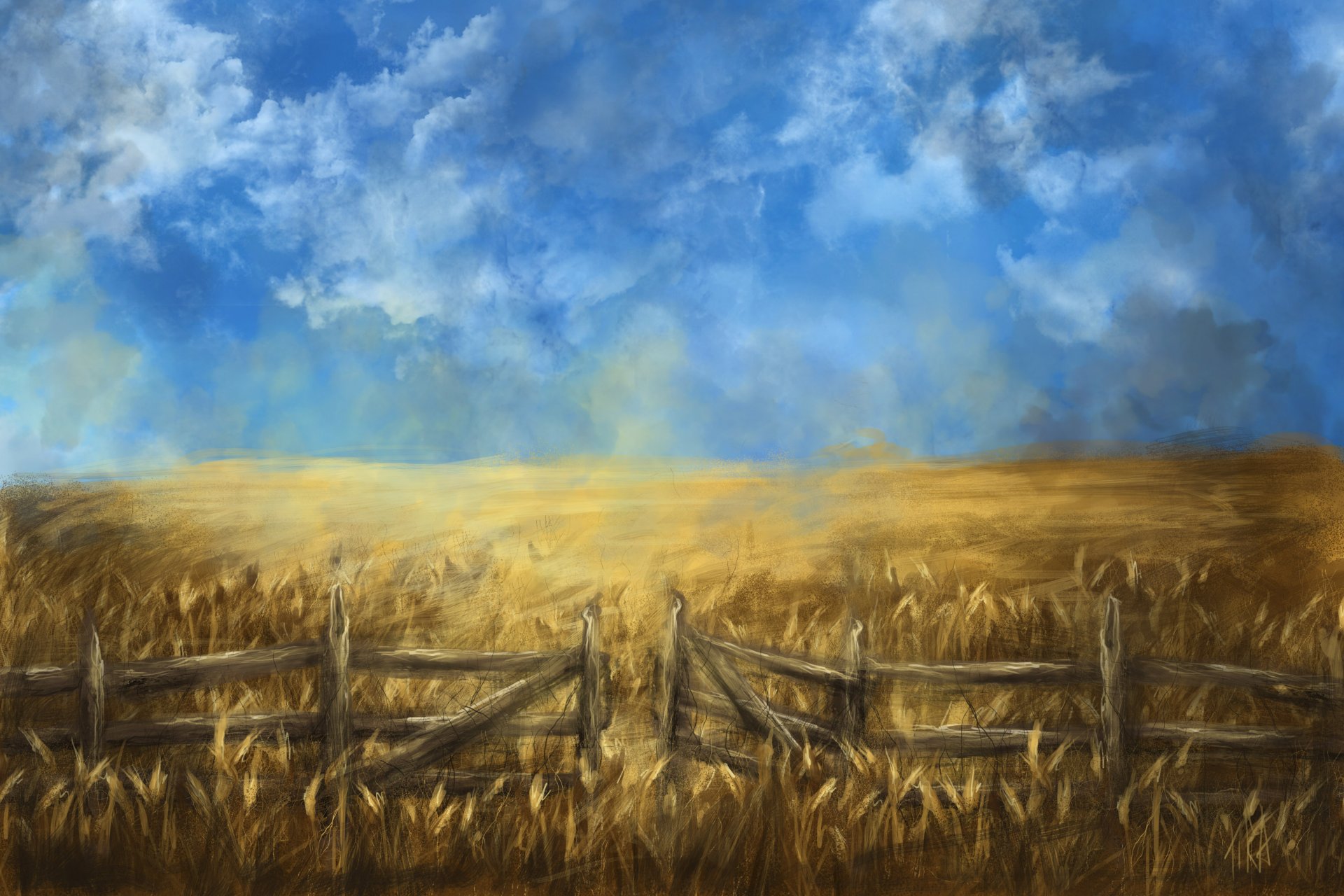 art the field wheat fence summer ears cloud