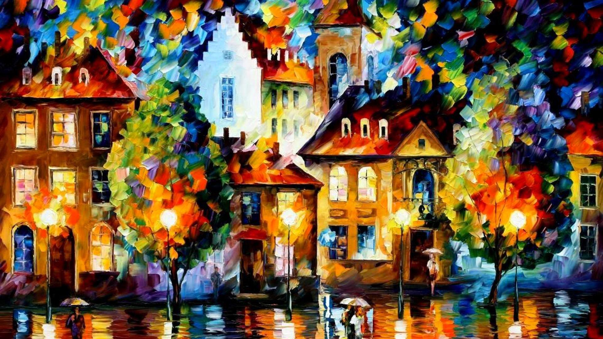 leonid afremov pattern landscape town house street tree people umbrella rain flowers paint