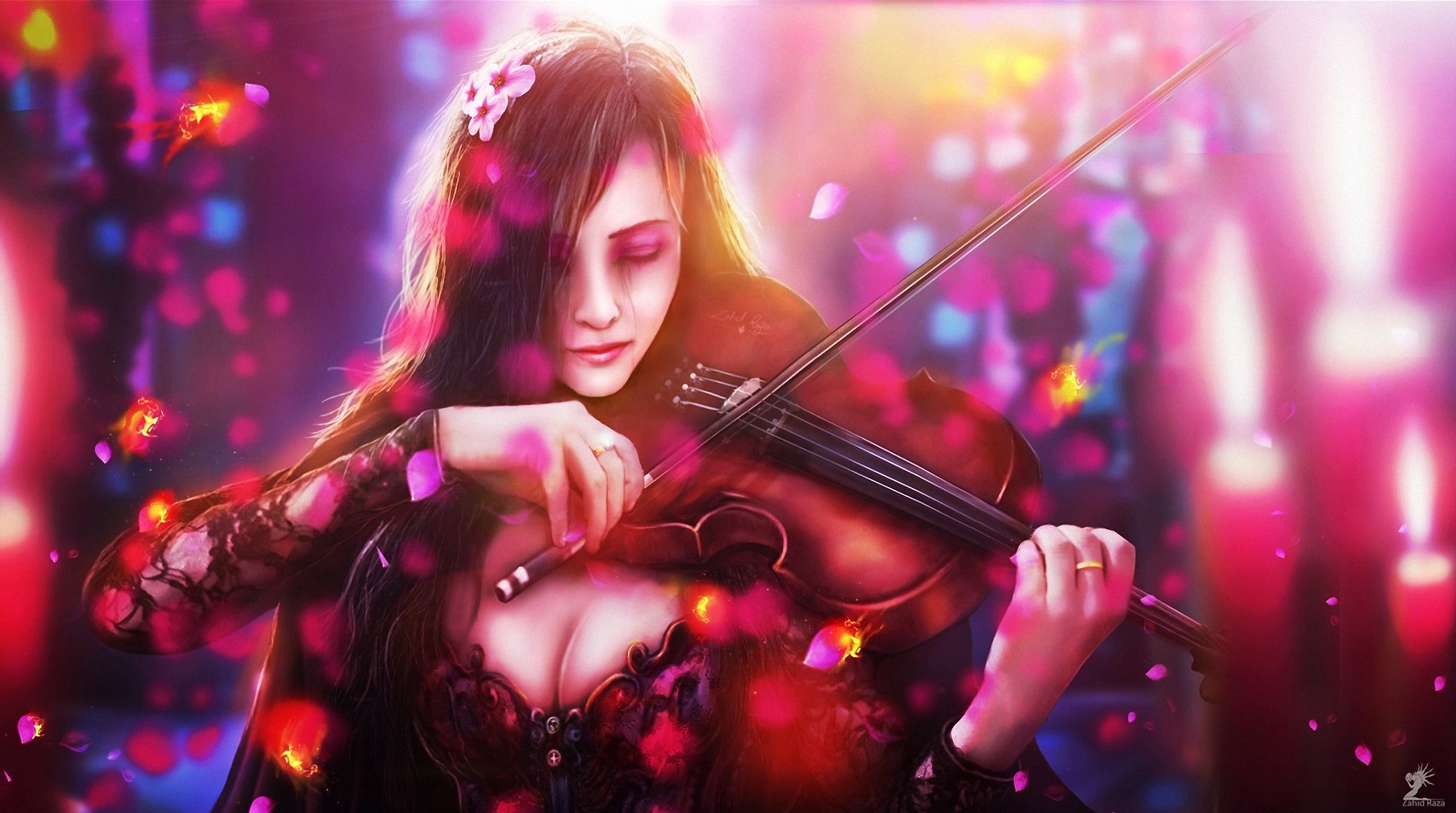 arte ragazza violino tristezza pesci fiori