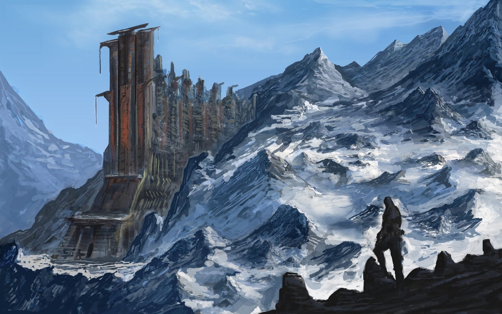 art montagnes neige homme rochers bâtiment science-fiction