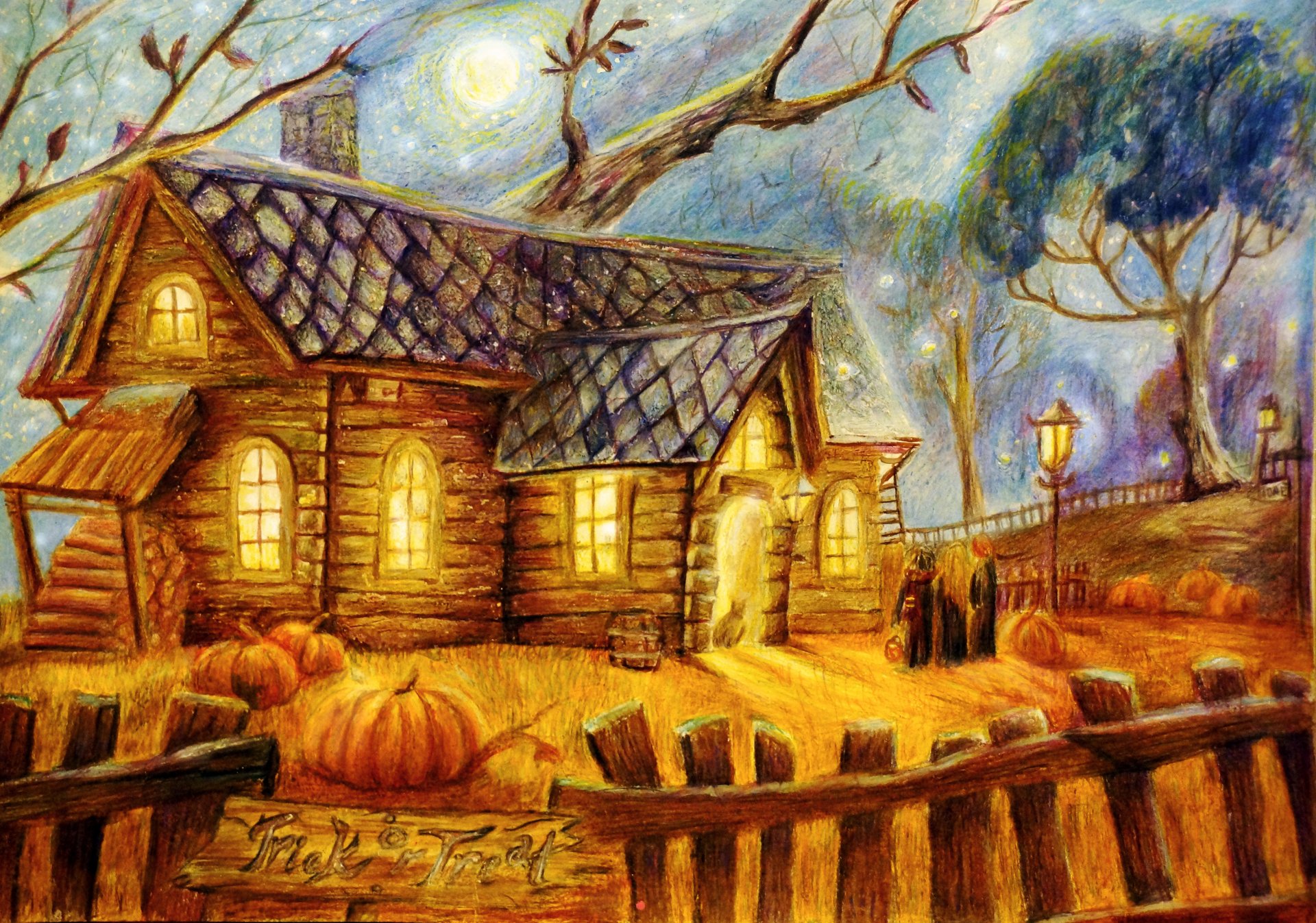 halloween house people pumpkin fence tree lamps moon