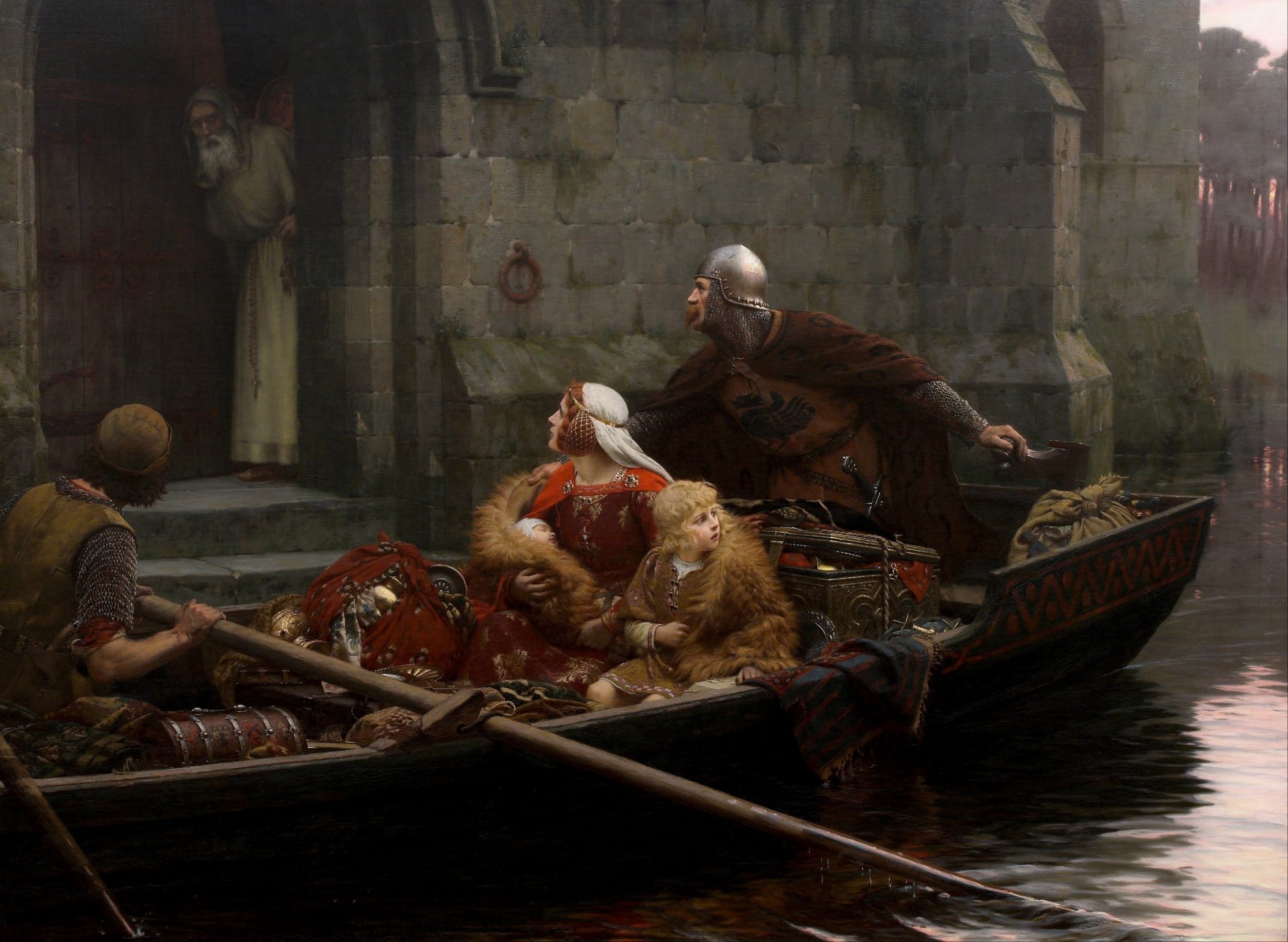 edmund blair leighton artista inglés romanticismo prerrafaelita edad media en tiempos de peligro imagen castillo mujer niño niño caballero anciano barco río prerrafaelita en tiempos peligrosos