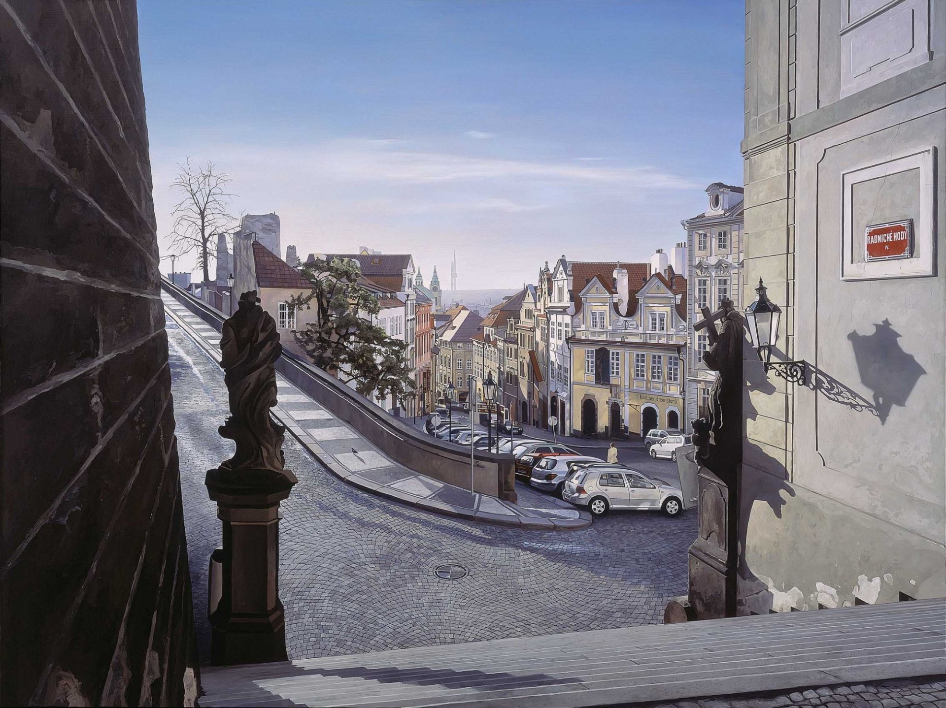 pattern art photorealism nathan walsh town prague czech republic street road rotation house cars a step pavement lamp