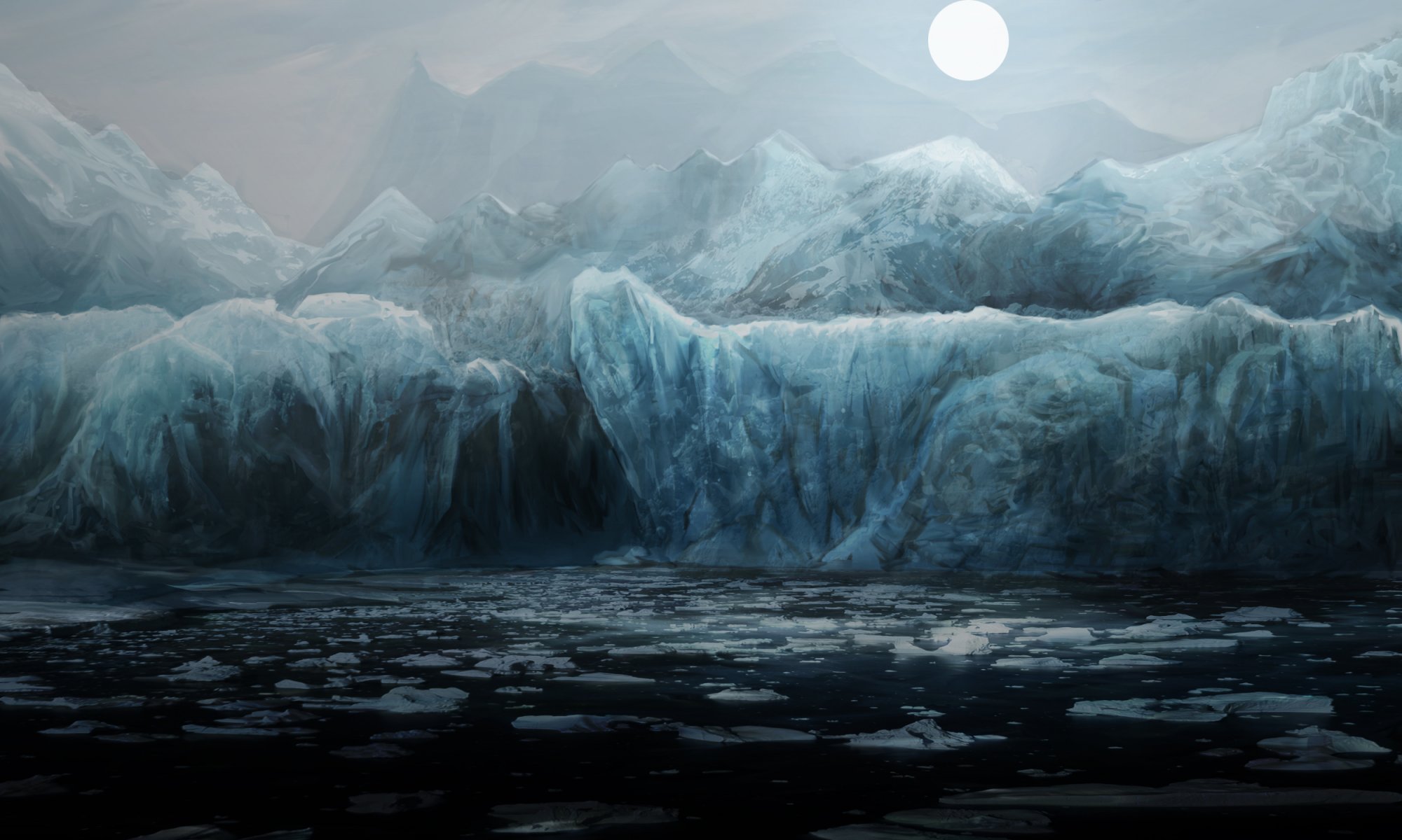 art mountain ice floes cool night moon sea water ocean