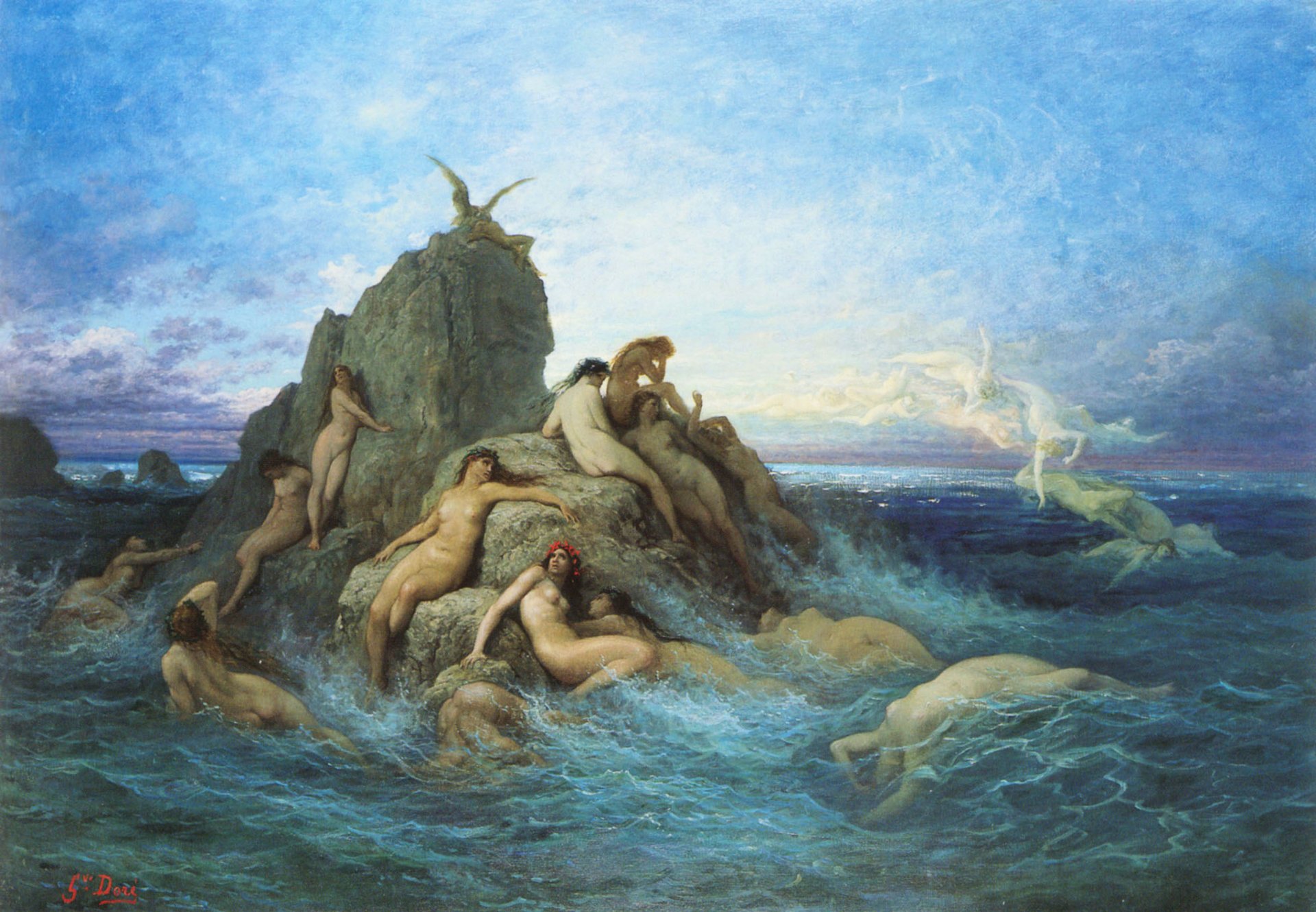 gustave doré pintura náyades del mar mar olas rocas mito cielo nubes