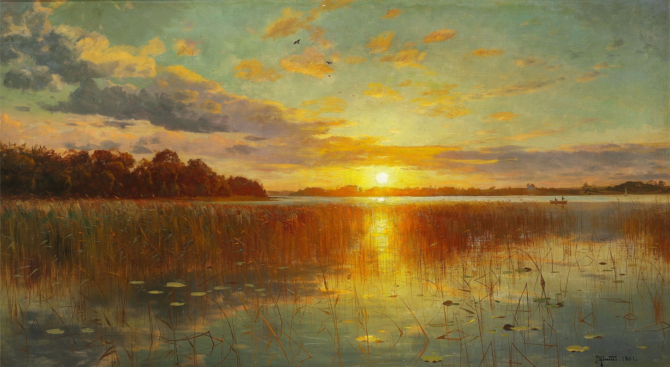 peder monsted bild landschaft fluss himmel wolken sonnenuntergang sonne bäume reflexion