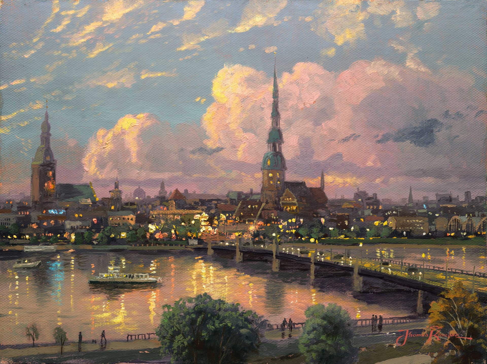 unset over riga latvia thomas kinkade painting great the old medieval town europe riga sunset bridge river daugava spire spire of st. peter cathedral dome cathedral square