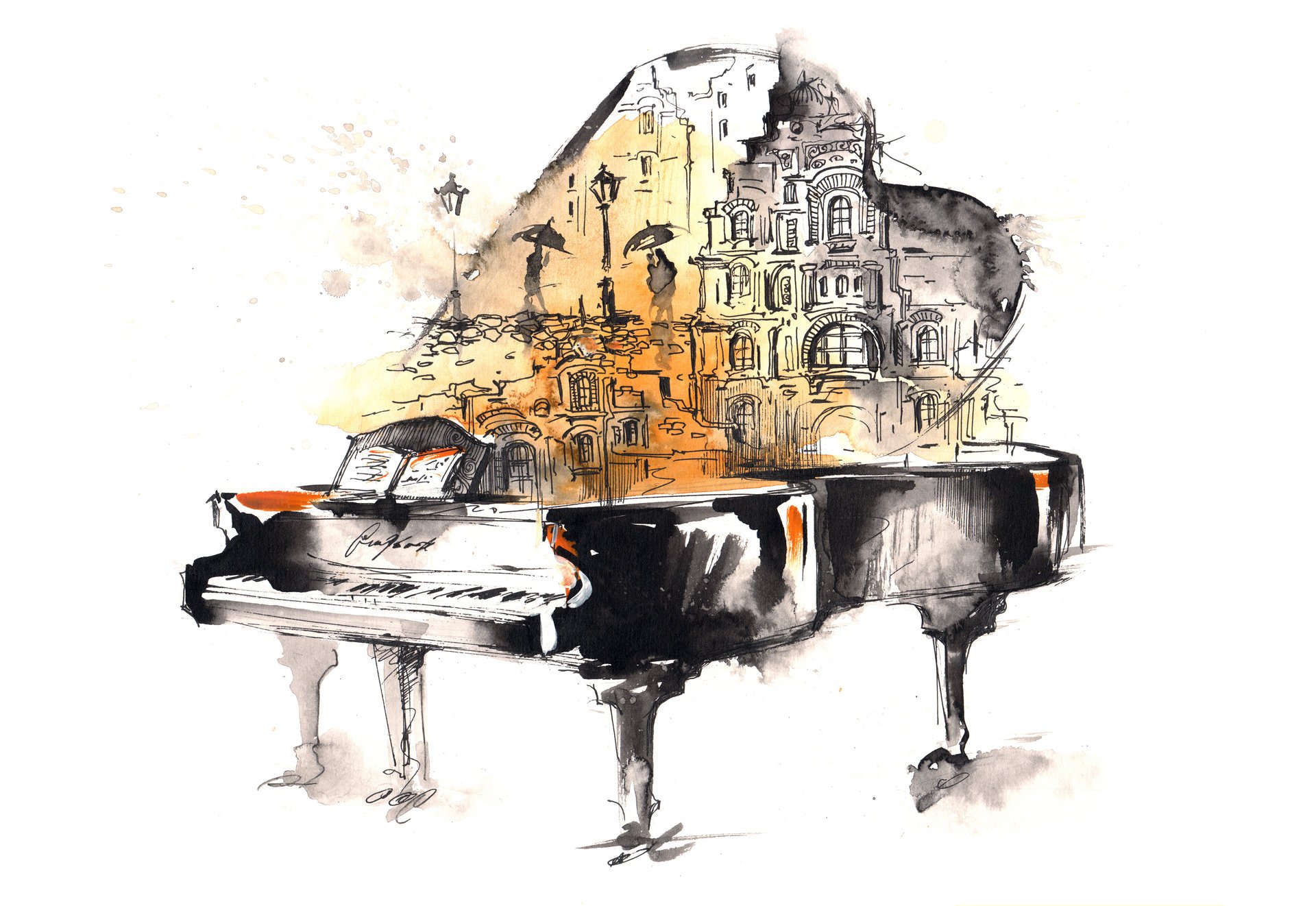 art piano notes pluie gens ville dessin aquarelle