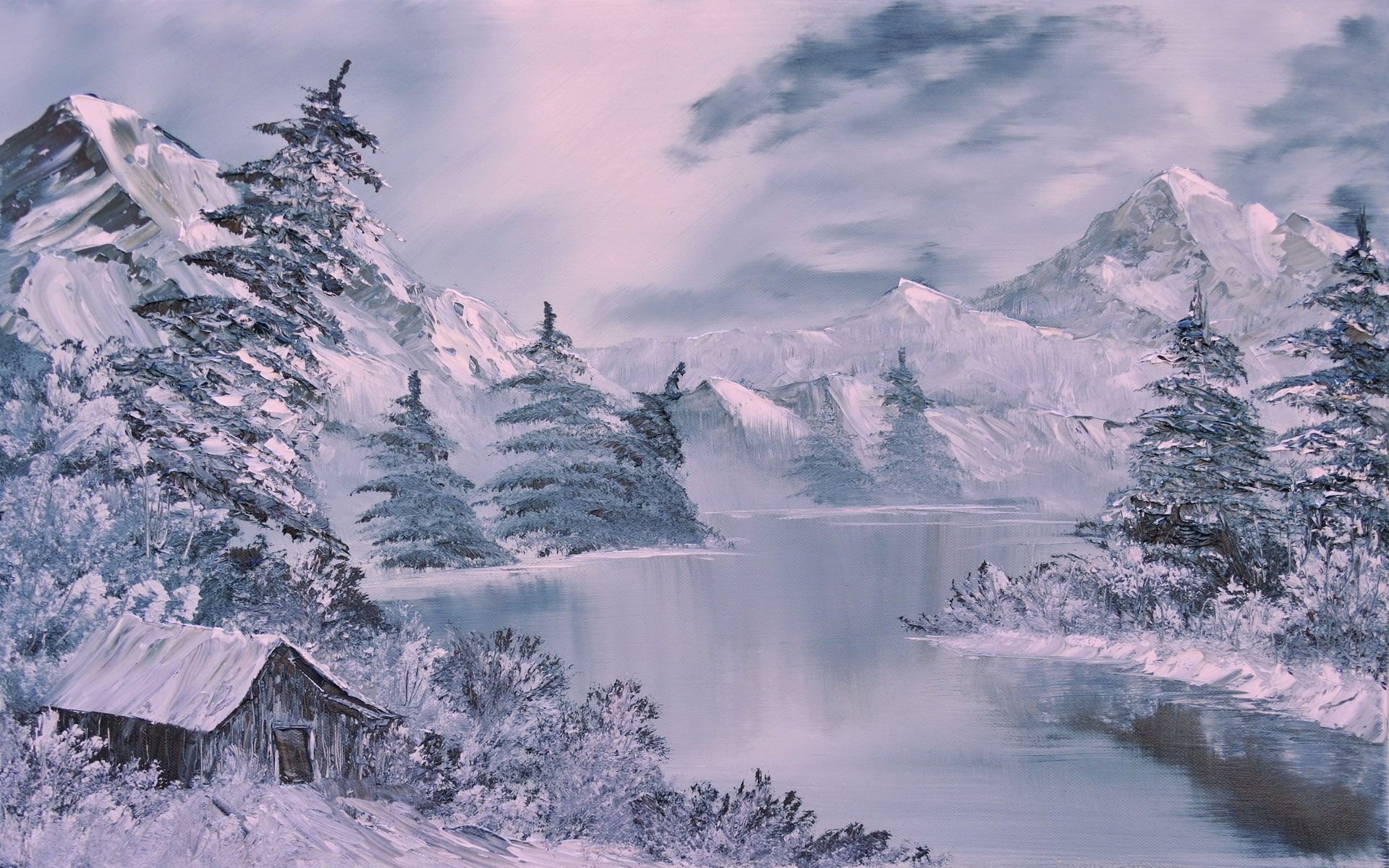 winter snow mountain forest chalet painting