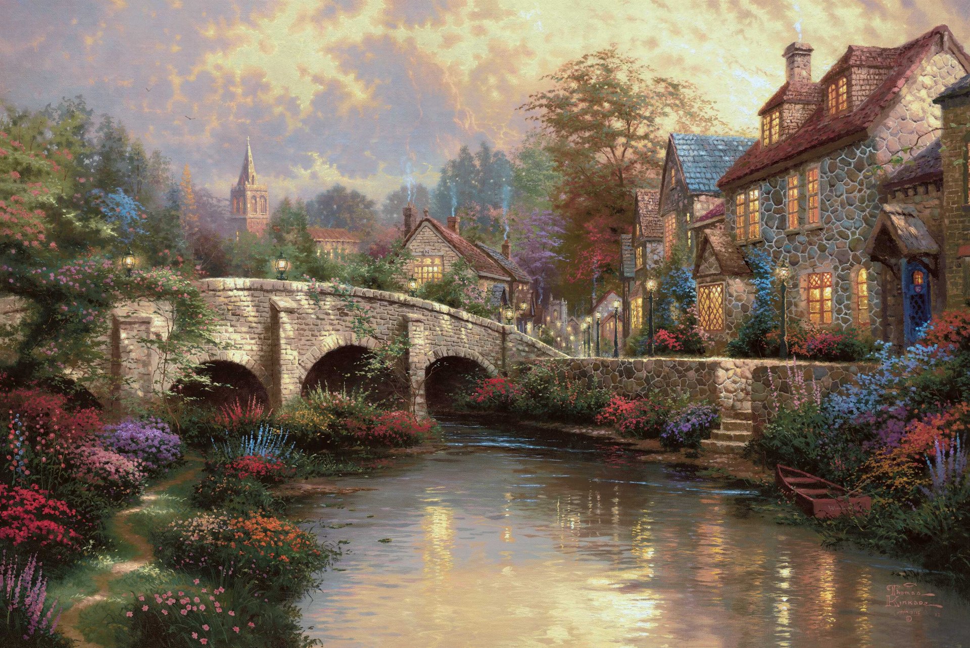 cobblestone brook thomas kincaid painting england wiltshire county countryside village townhouse bridge river boat street house house