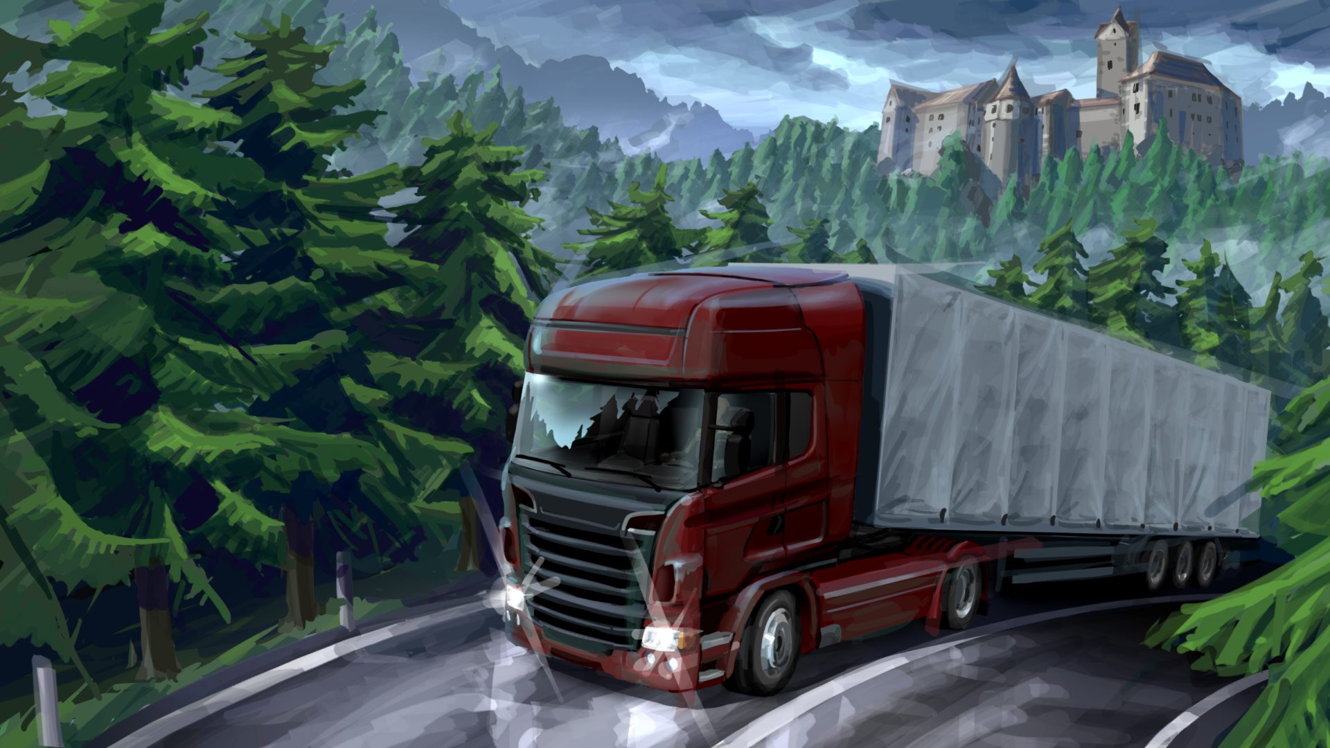 art automobile peinture cargo euro truck tracteur fourgon remorque chariot camionneur route marquage nature forêts château