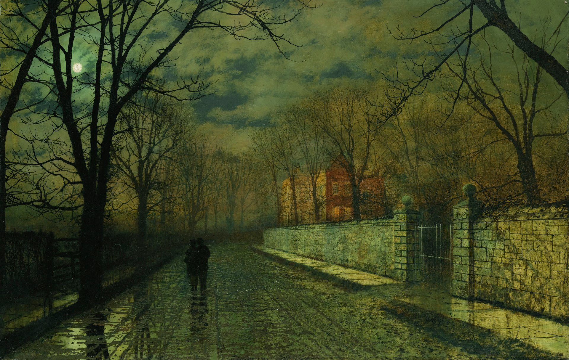 john atkinson figure in moon lane dopo la pioggia paesaggio città strada luna alberi casa recinzione coppia immagine