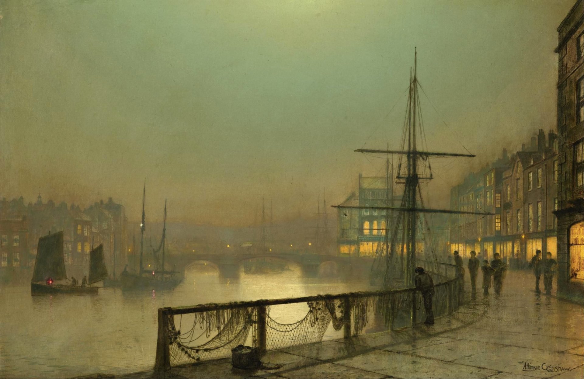 john atkinson whitby lungomare fiume barca vela nave case persone cielo ponte immagine