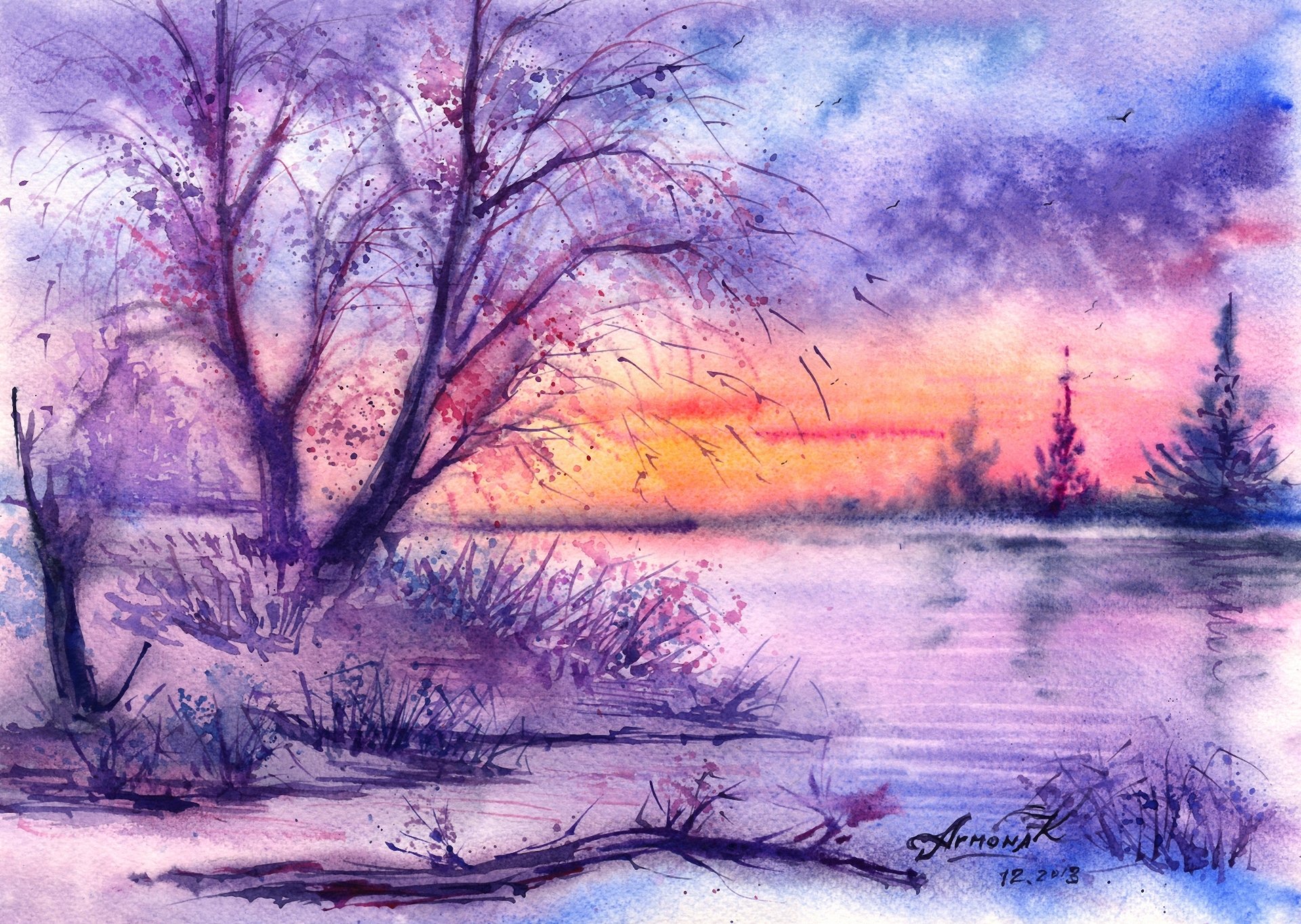 gezeichnete landschaft aquarell bäume fluss winter vögel