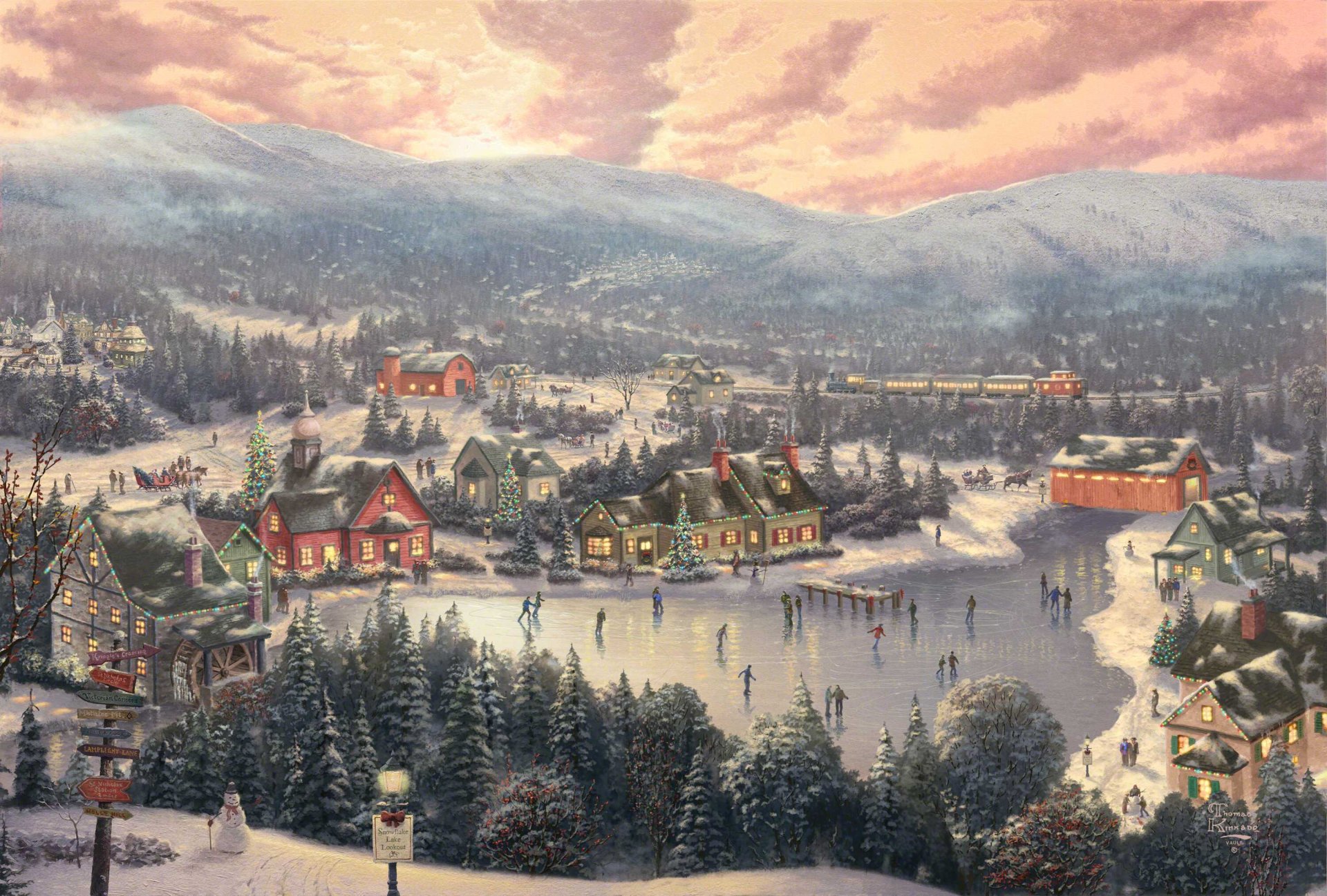 coucher de soleil sur le lac de flocon de neige thomas kincaid peinture féerique ville ville hiver lac patinoire vacances noël nouvel an sapin bonhomme de neige train pont moulin montagne forêt coucher de soleil