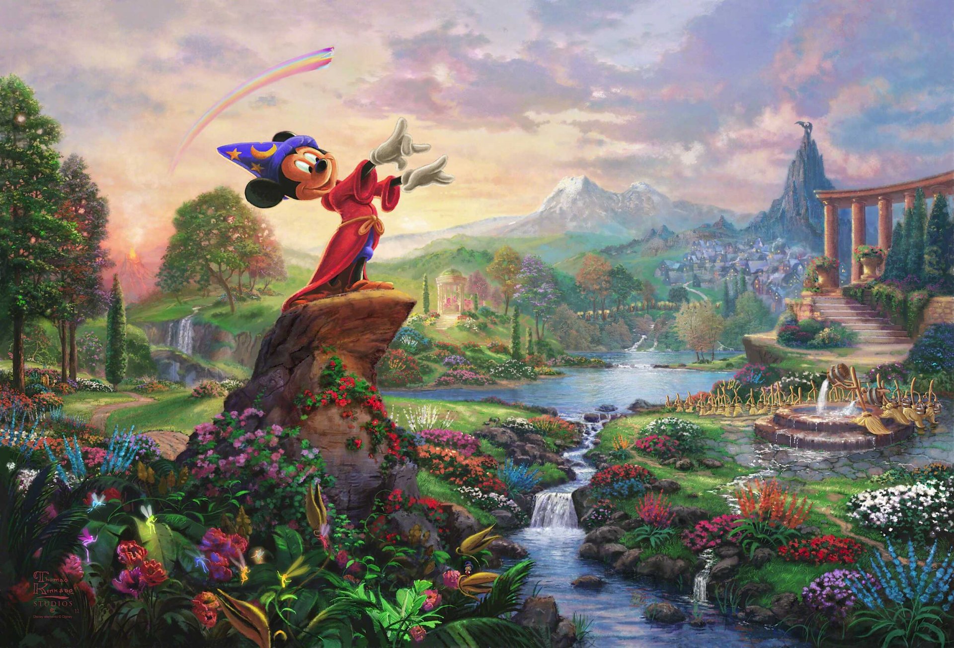 fantasia thomas kinkade painting thomas kinkade studios walt disney nature flower mickey mountain eagle arch column creek