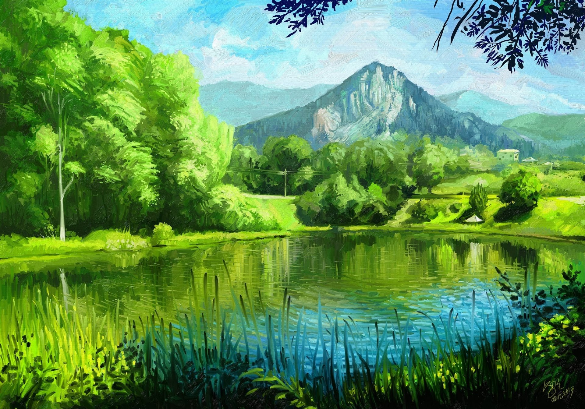 Картина природы озеро и горы - обои на рабочий стол