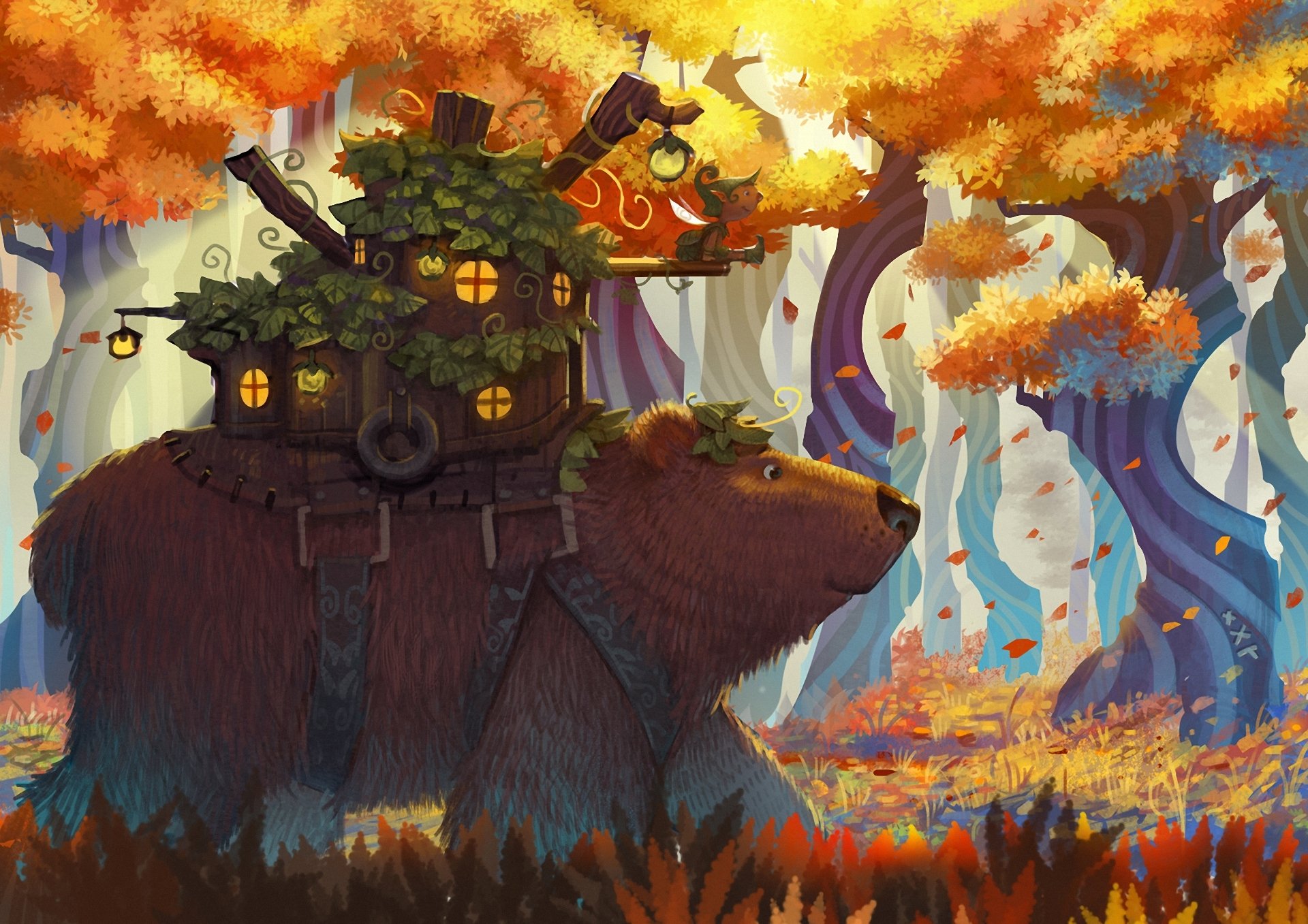 art fantasy bear house trees forest leave