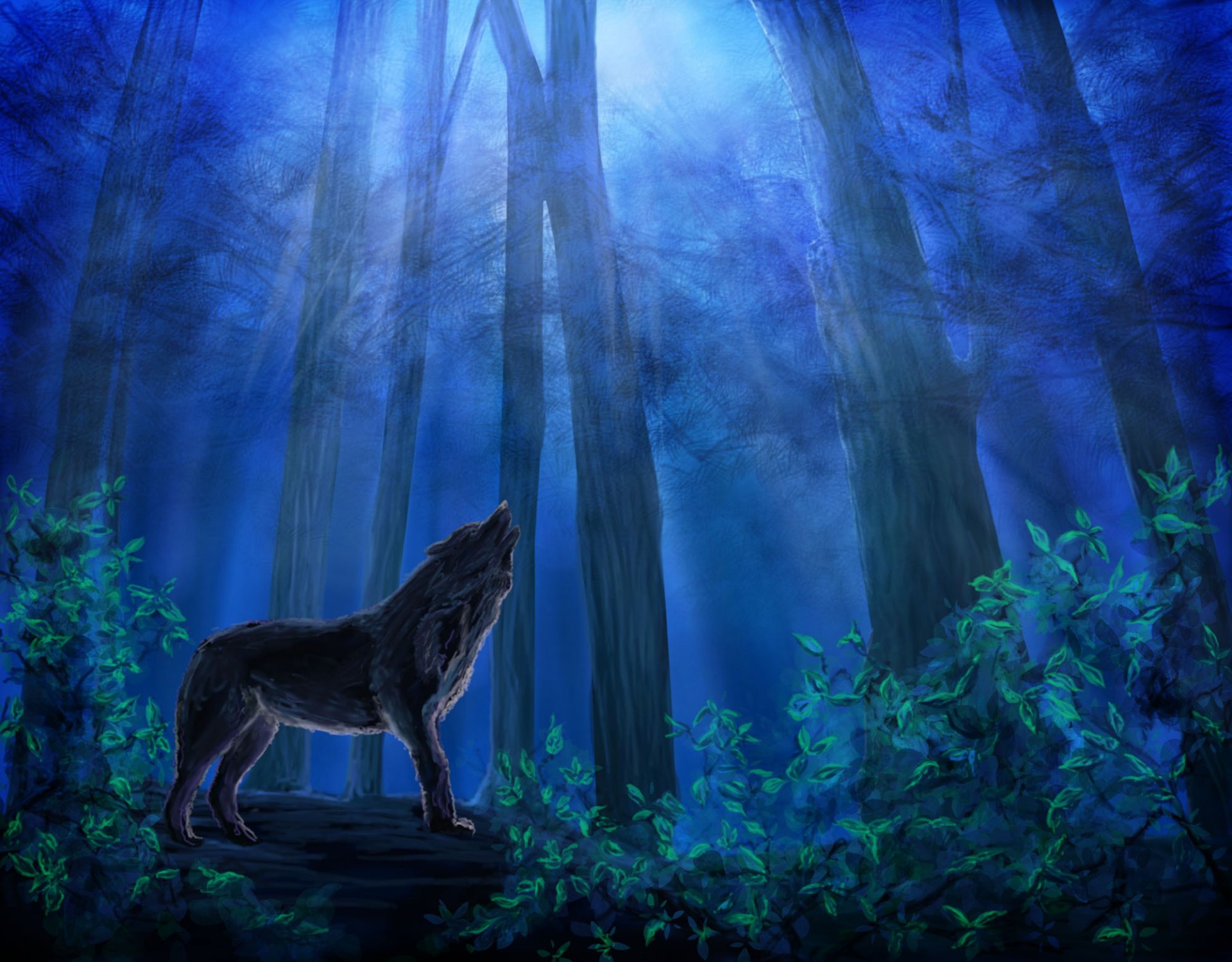 painting wolf animals predator night noonan sky blue tree leaves forest