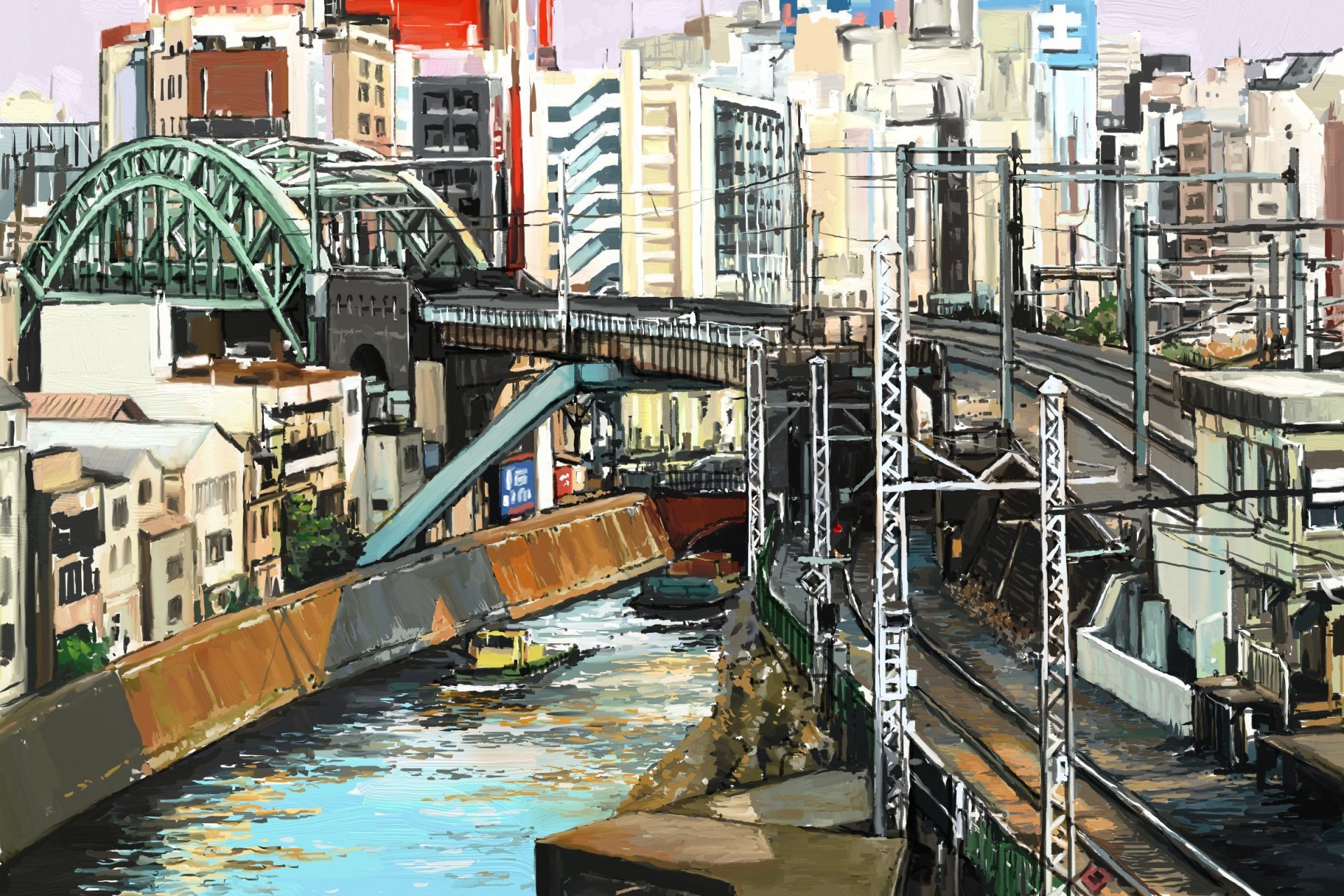 art shitub52 tokyo town river bridge railroad